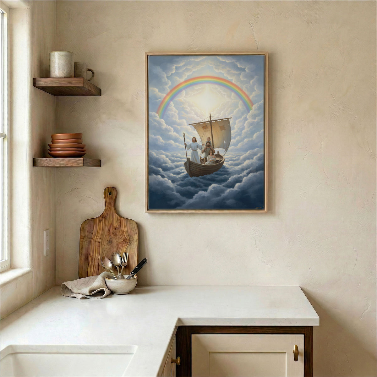 Contemporary dining room wall showcasing a large scale Jesus guiding family canvas print as a focal point.