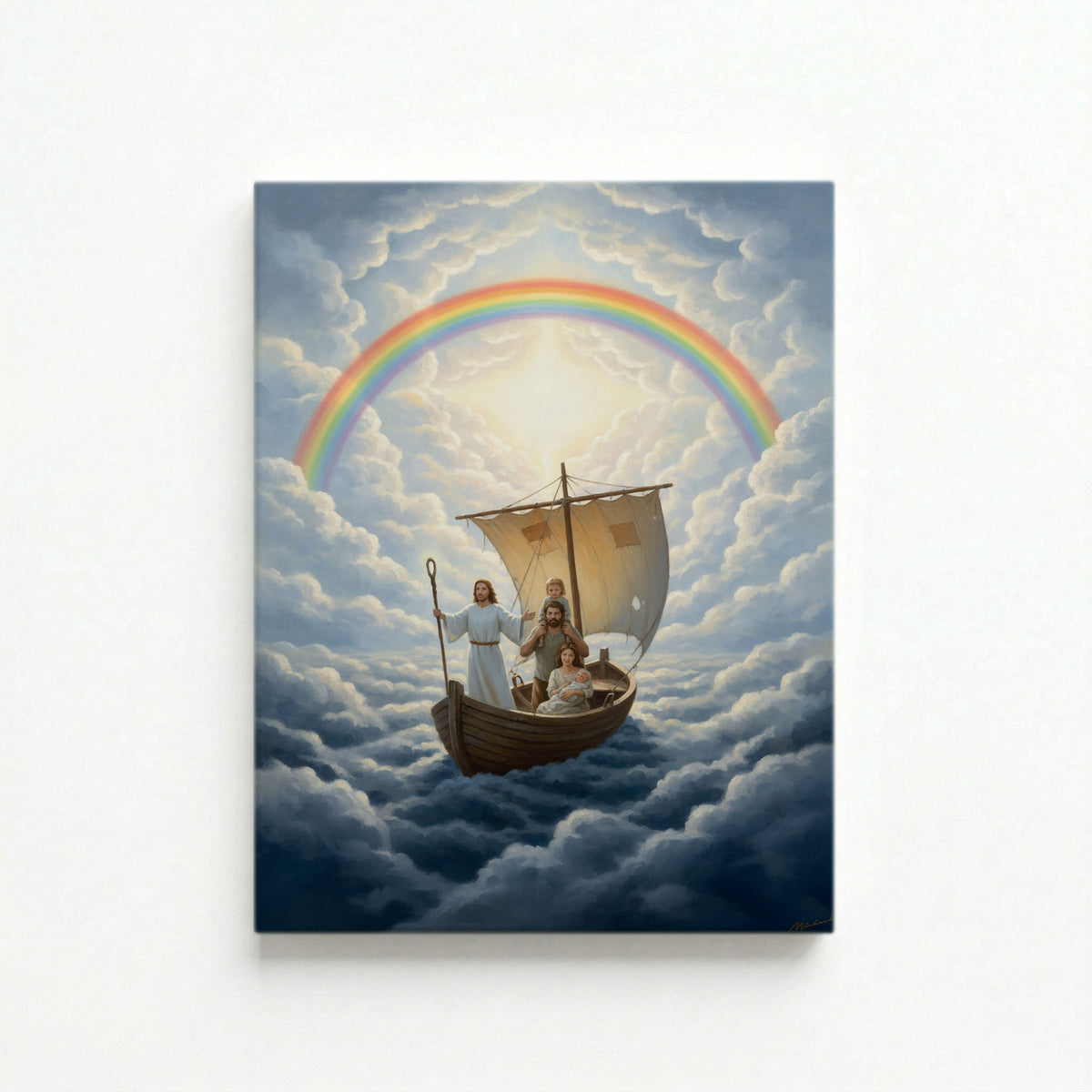 Full vertical portrait of Jesus guiding a family in a boat through a heavenly sky on a premium canvas print.