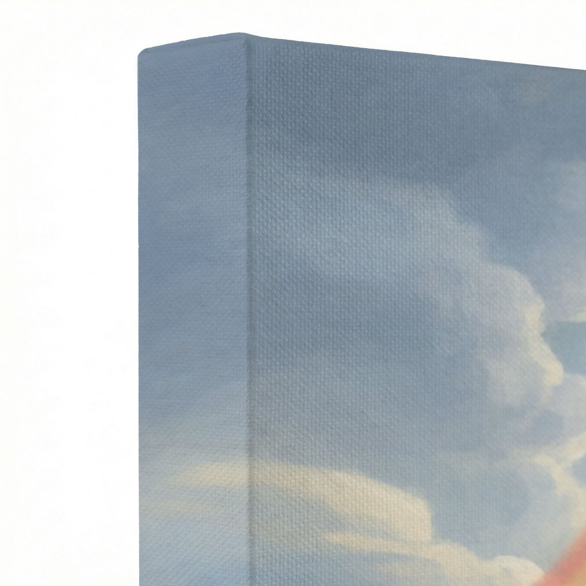 Close-up of the oil painting texture on the Jesus guiding family canvas showing radiant rainbow clouds.