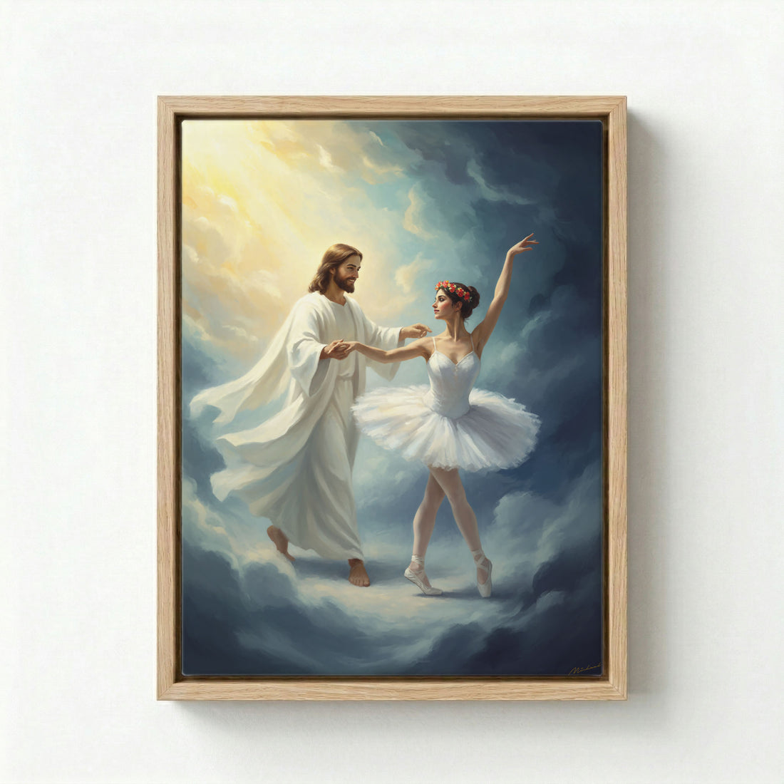 Framed canvas of Jesus dancing with a ballerina against a textured grey wall in a modern living room setting.