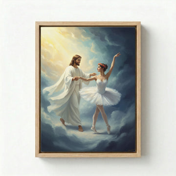 Framed canvas of Jesus dancing with a ballerina against a textured grey wall in a modern living room setting.