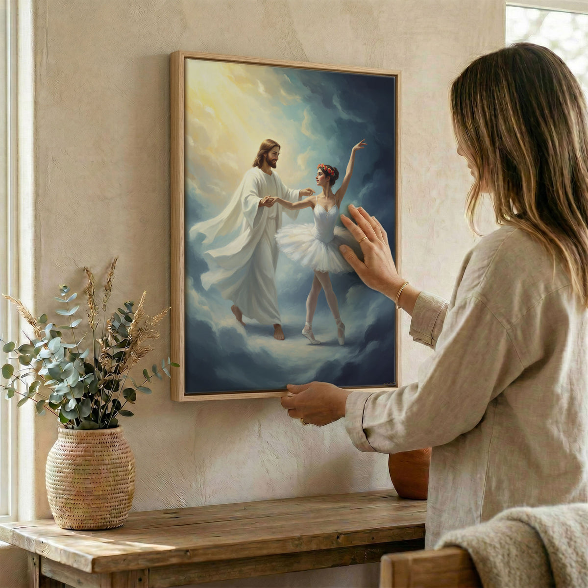 High-quality print detail of the joyful expressions in the Jesus dancing with ballerina Christian wall art.