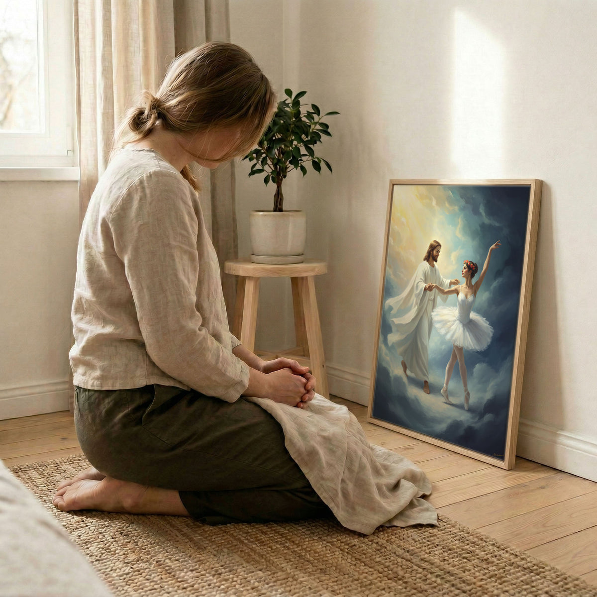 Side view of the black framed Jesus dancing with ballerina canvas highlighting the sleek profile and finish.