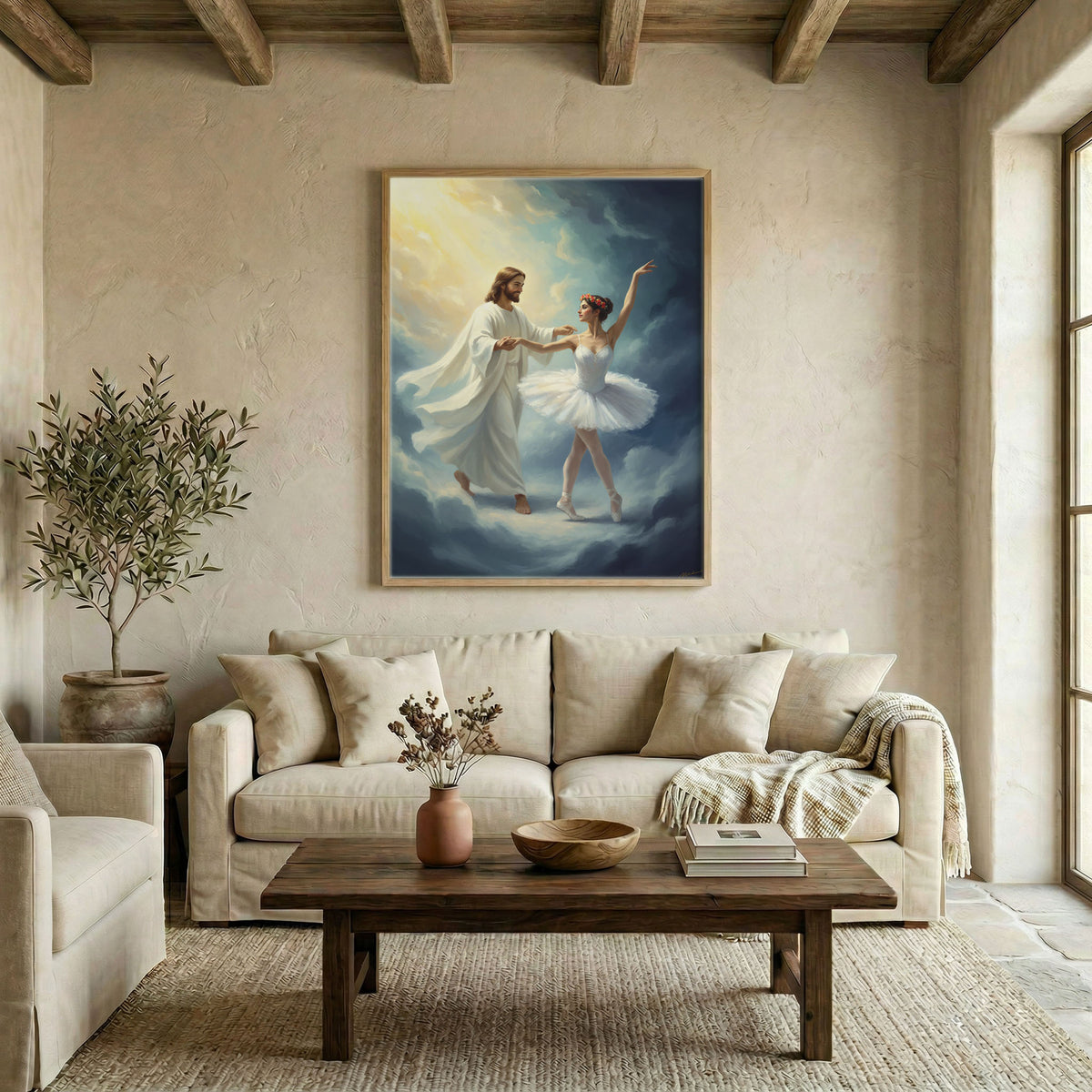Wide angle of a contemporary living room featuring a large Jesus dancing with ballerina canvas as a focal point.