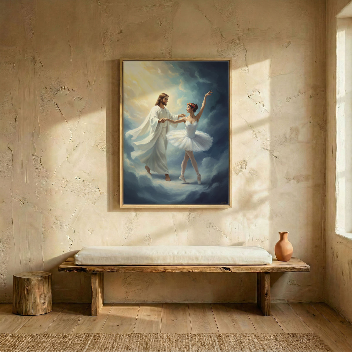 Jesus dancing with ballerina artwork in a black frame with soft sunlight reflecting on the canvas surface.