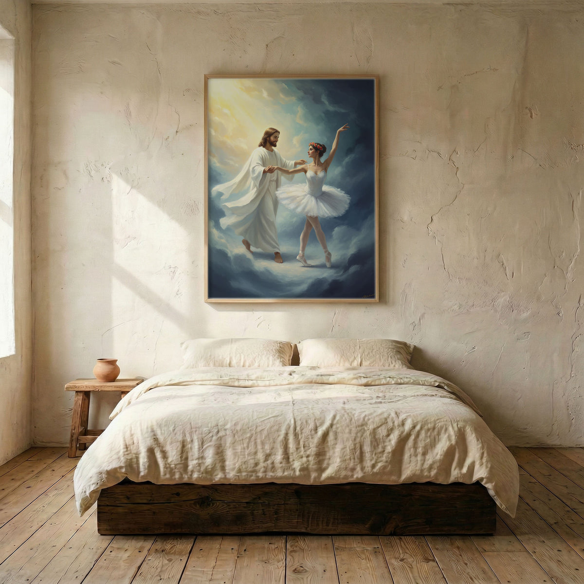 Serene bedroom interior with a Jesus dancing with ballerina canvas art piece displayed above a white bed.