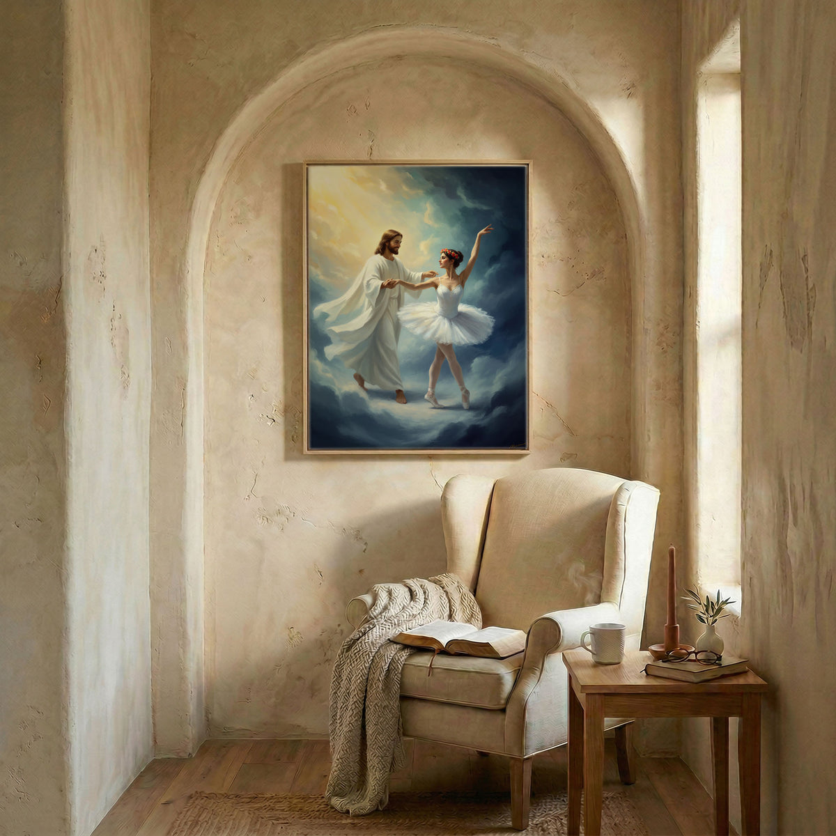 Detail shot of the golden light rays and clouds in the Jesus dancing with ballerina spiritual wall decor.