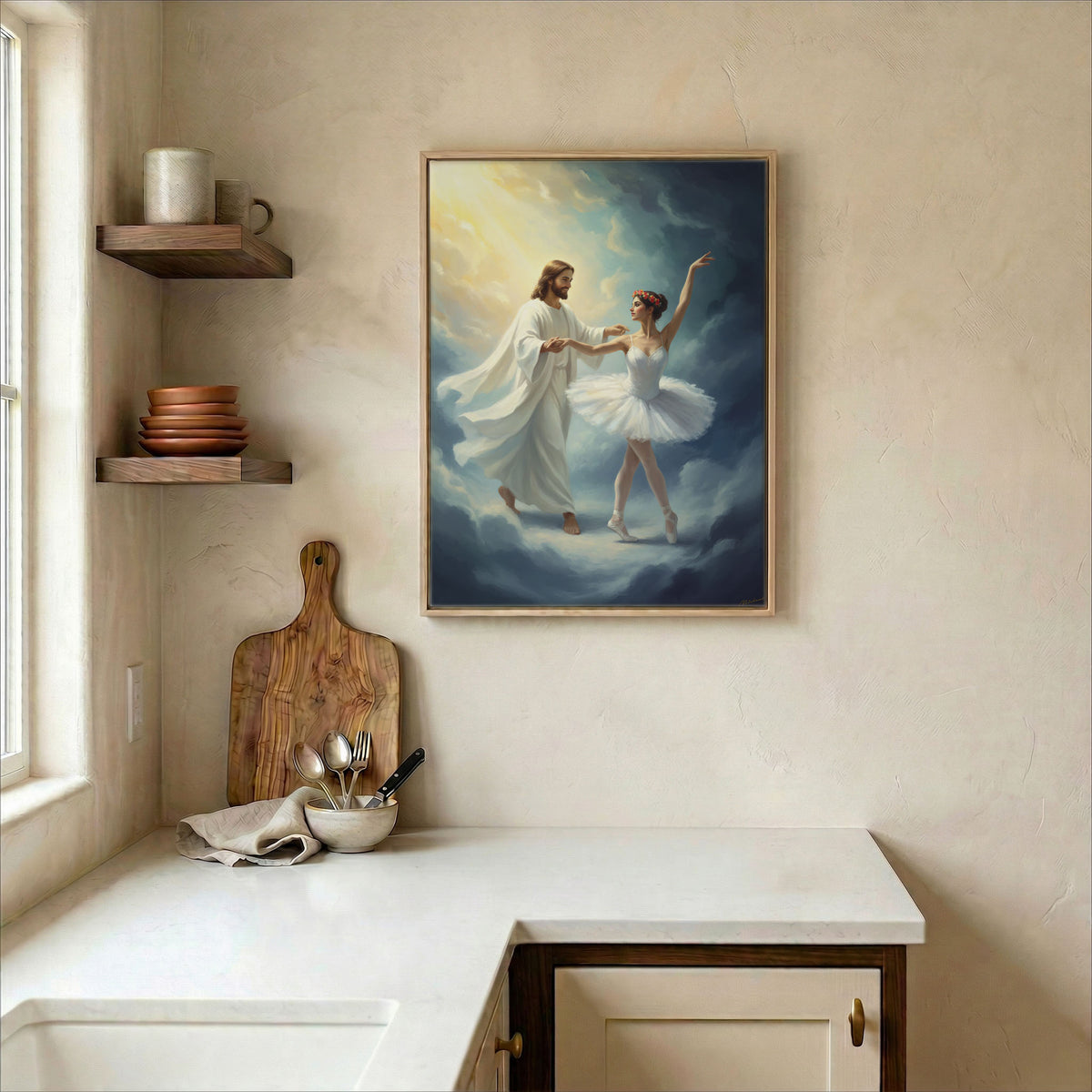 Minimalist room setup with Jesus dancing with ballerina religious art hanging above a wooden console table.