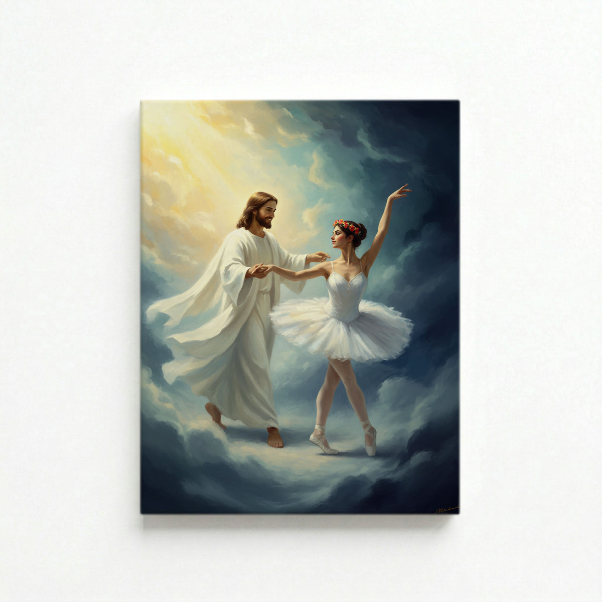 Vertical view of Jesus and a young ballerina dancing in heaven on a museum-quality stretched canvas print.