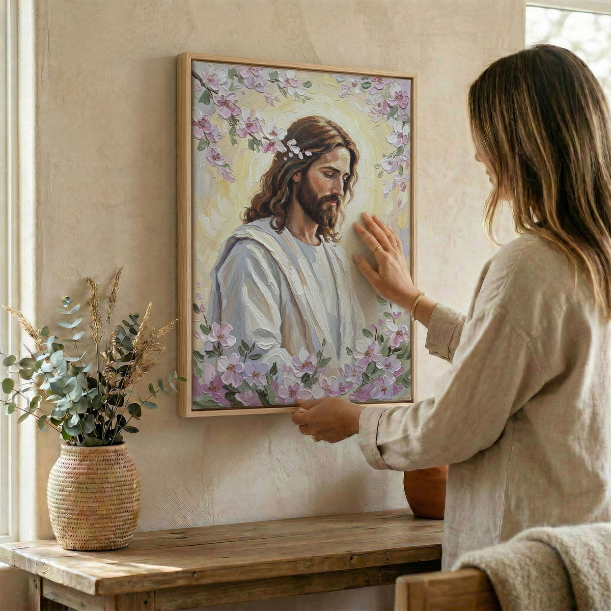 Angle view of the Jesus Christ floral canvas print highlighting the vibrant colors and premium finish.