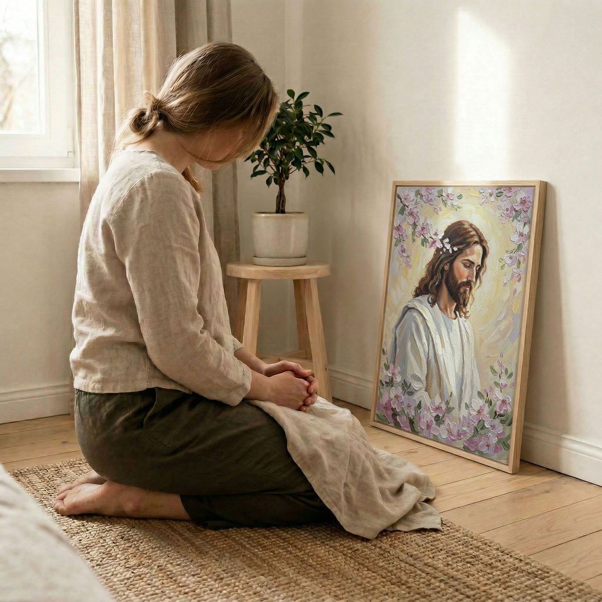 Side view of framed Jesus Christ floral art showing the high-quality black frame and canvas wrapping.