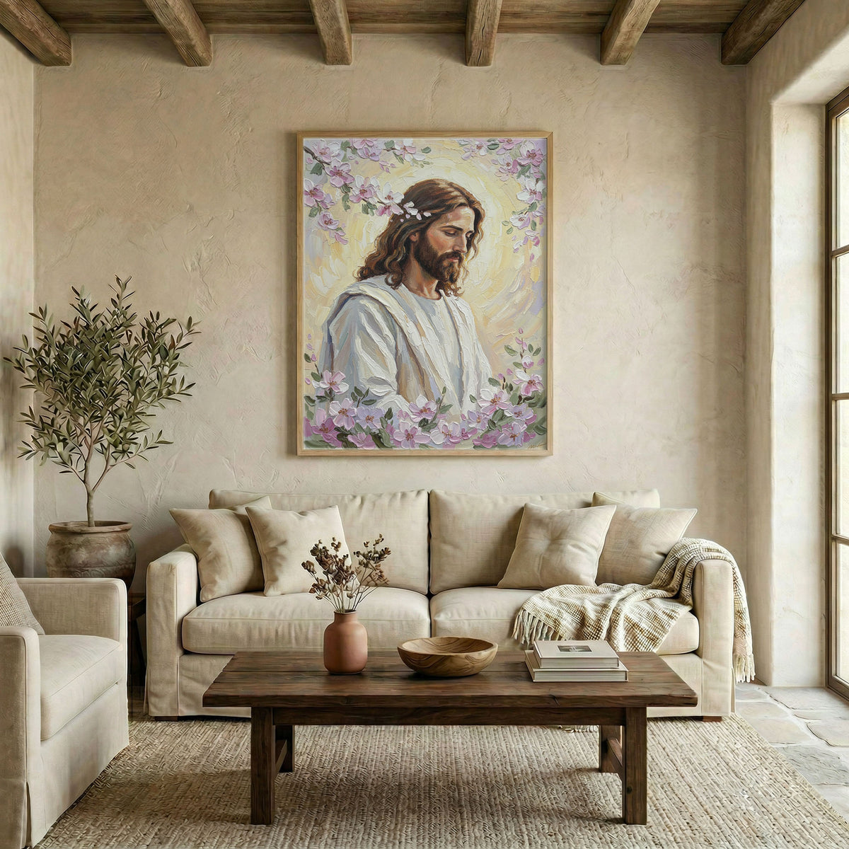 Modern living room wall featuring Jesus Christ floral canvas art above a white sofa with pink pillows.