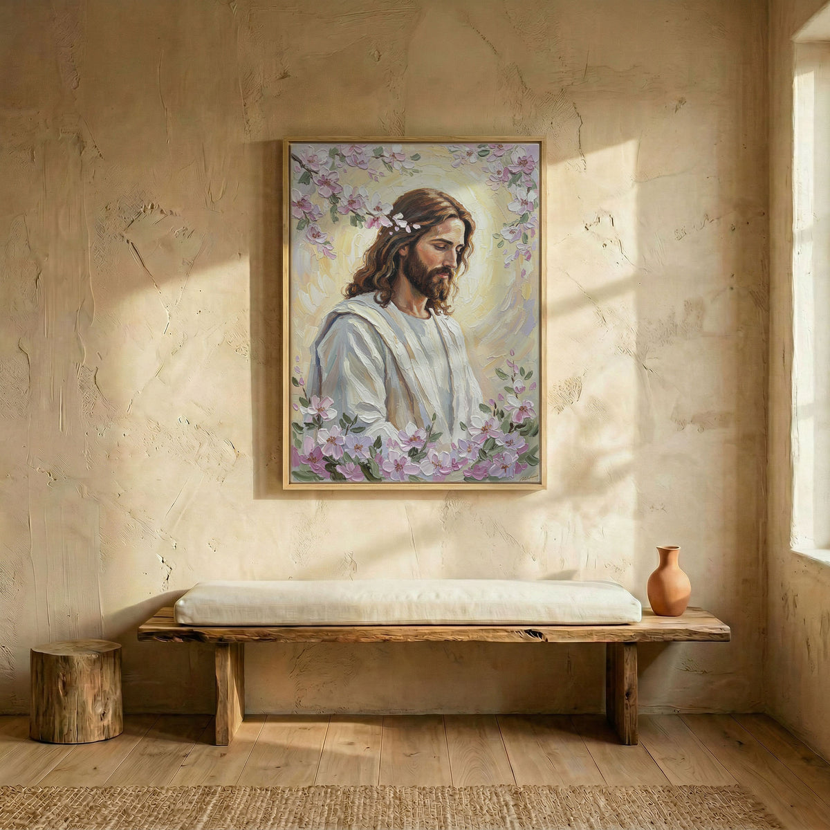 Contemporary hallway featuring a large Jesus Christ cherry blossom canvas print as a peaceful focal point.