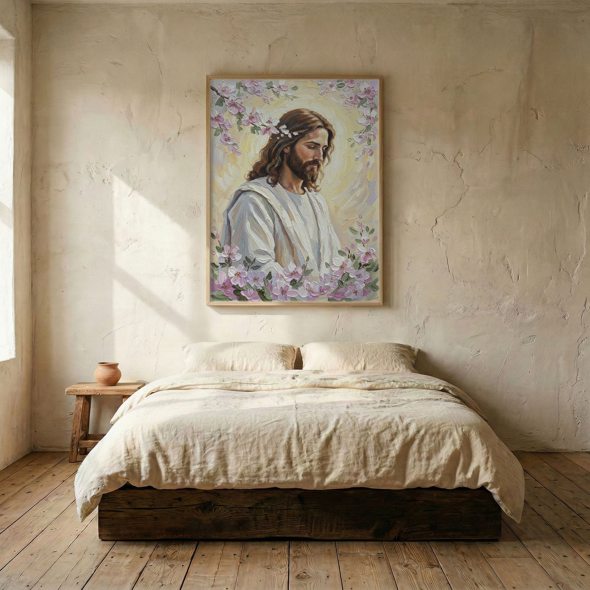 Spiritual bedroom decor with Jesus Christ spring floral wall art hanging above a white bed with pink accents.