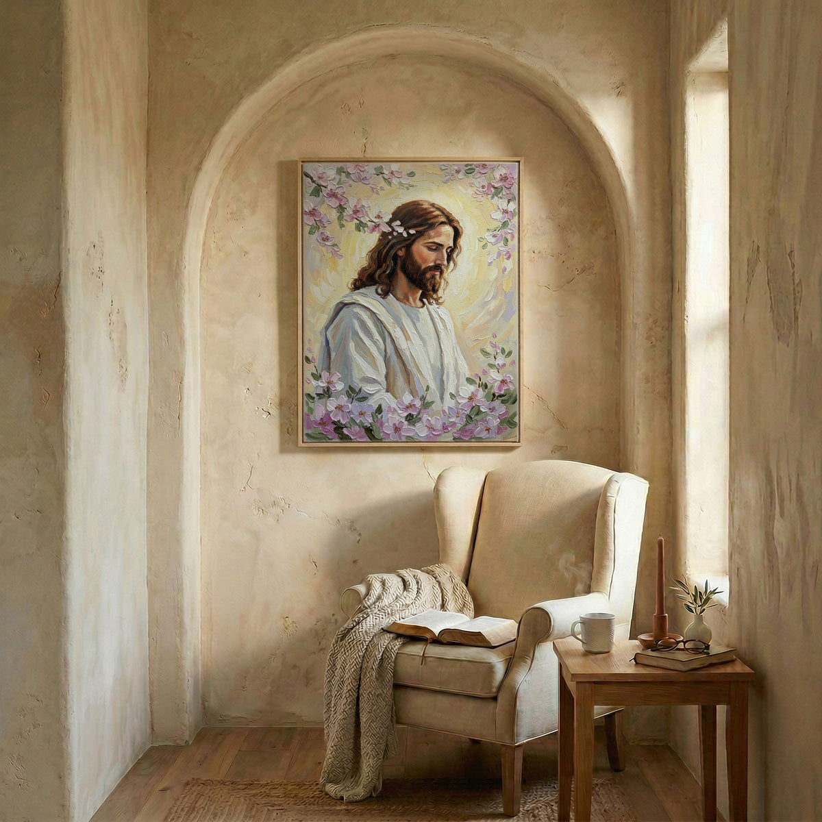 Serene interior room with Jesus Christ cherry blossom wall art creating a calming spiritual atmosphere.