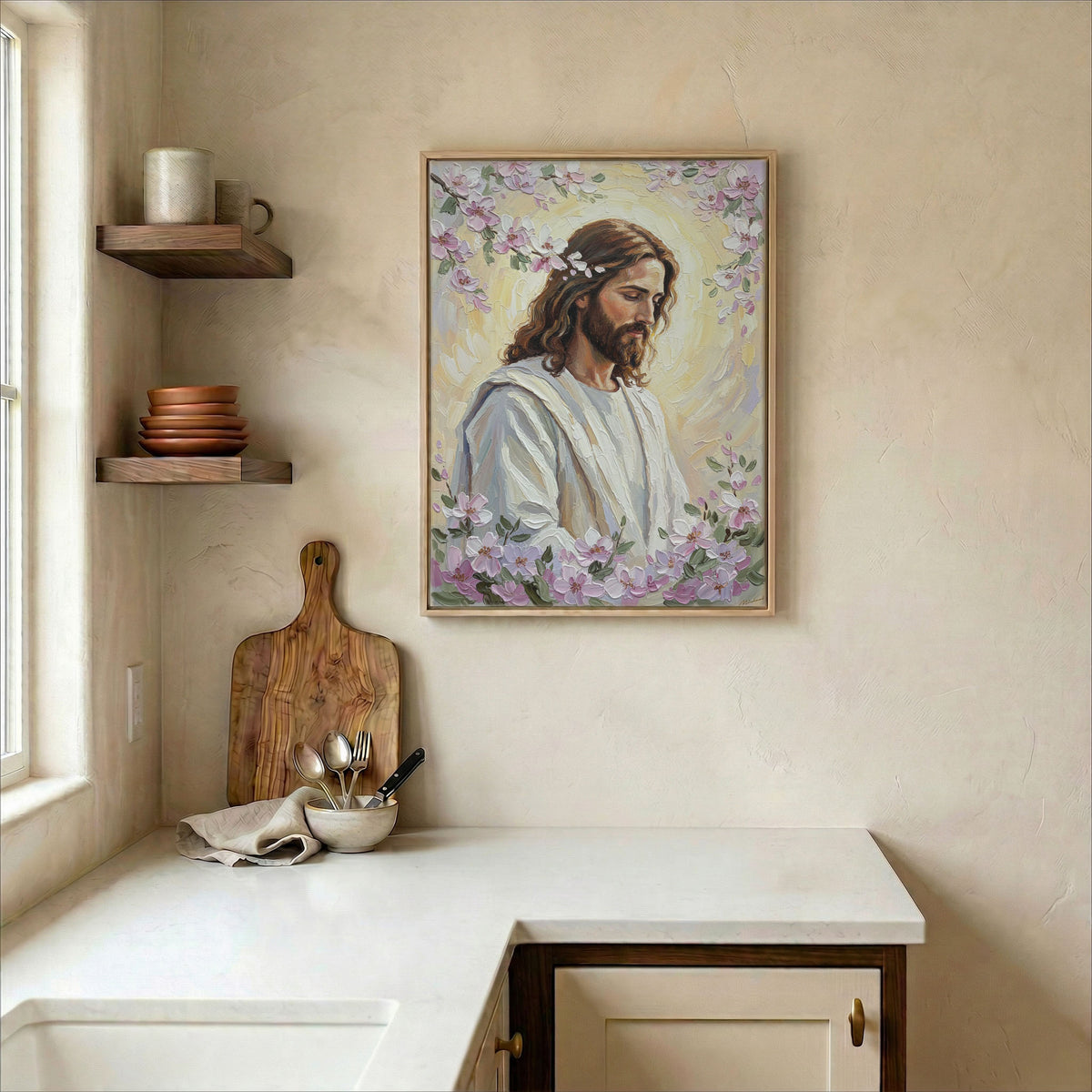 Large Jesus Christ floral religious art displayed in a modern dining room with minimalist furniture.