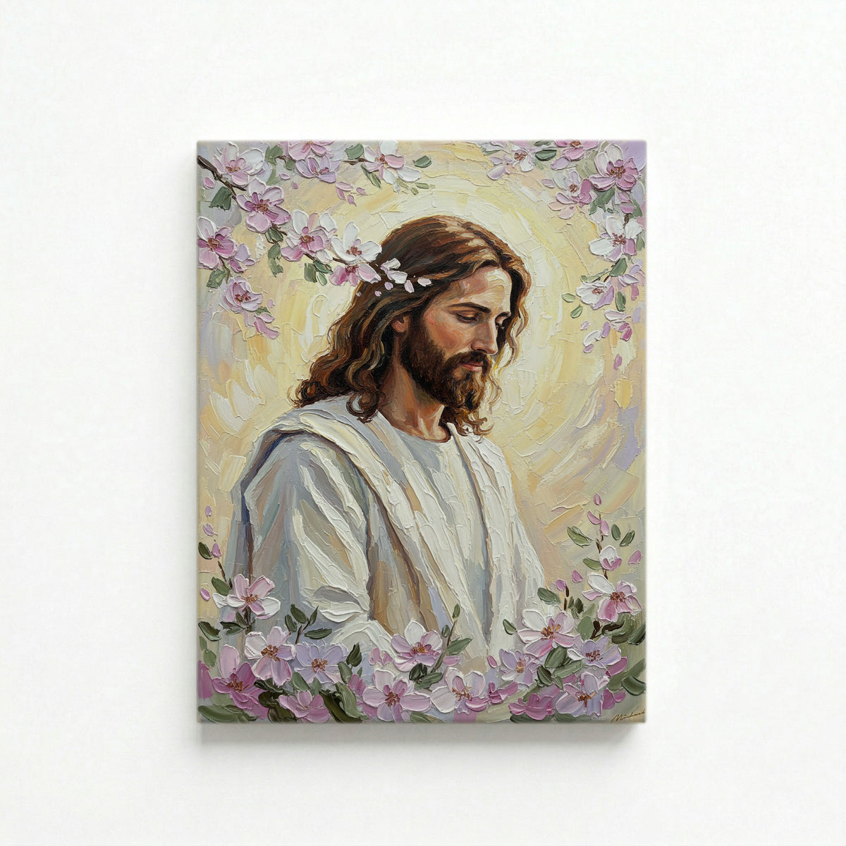 Close-up portrait of Jesus Christ with a serene expression and soft pink cherry blossoms in His hair.