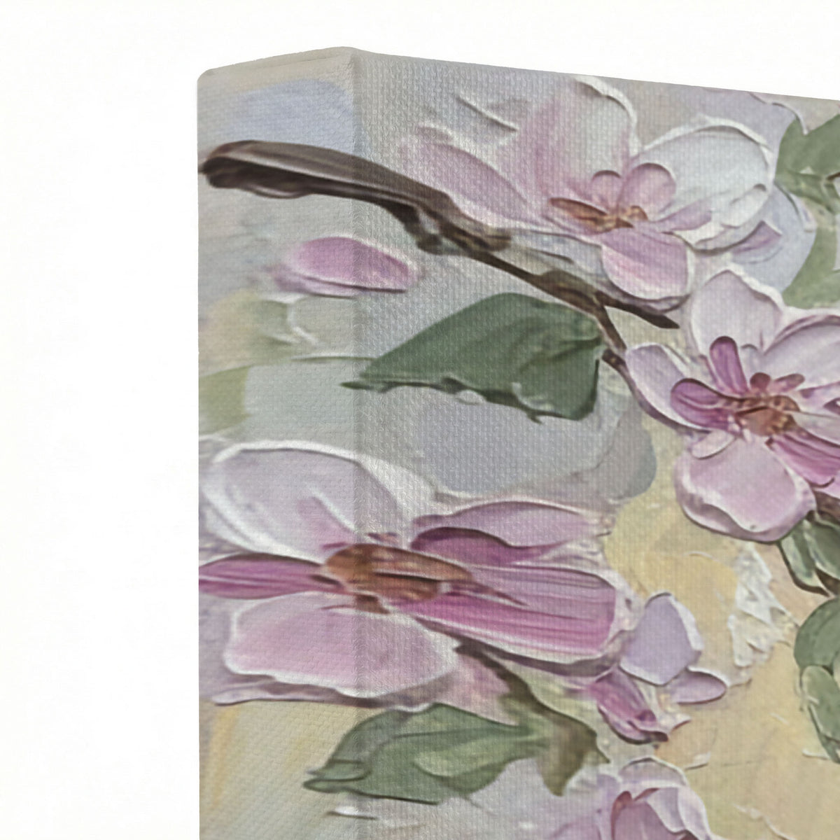Close-up of the Jesus Christ cherry blossom print showing soft pink floral details and oil paint texture.