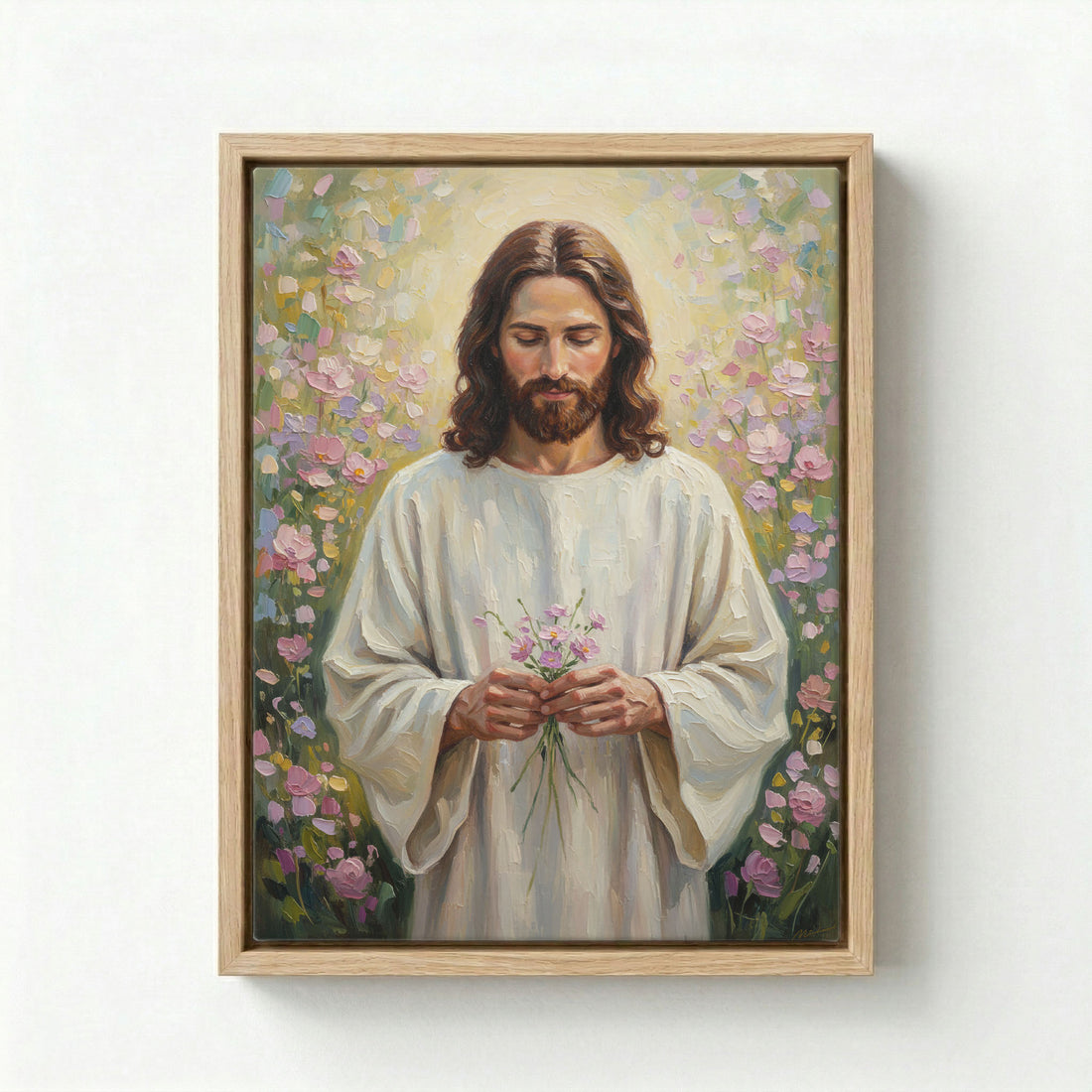 Canvas in natural wood floating frame with Jesus holding pink wildflowers in a sunlit garden
