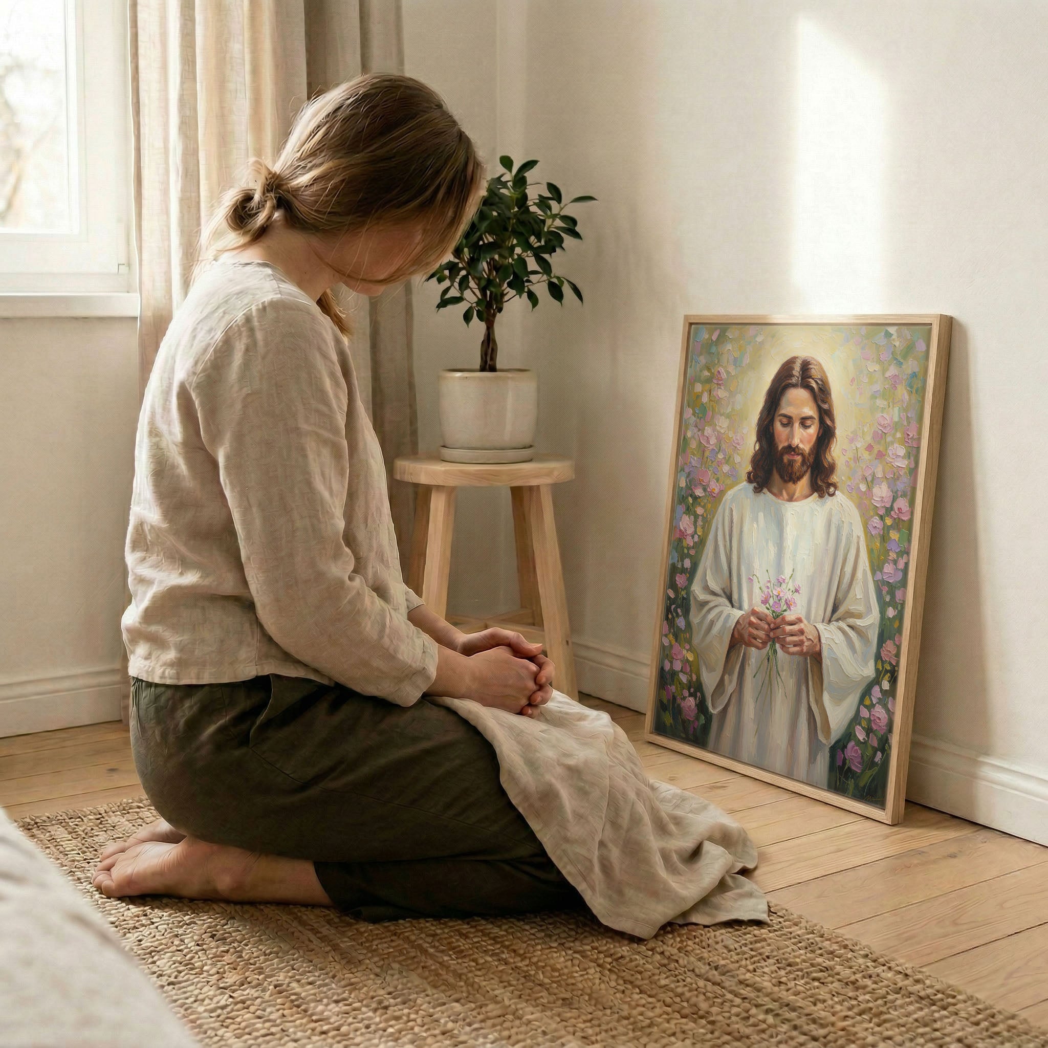 Woman kneeling in prayer beside Jesus holding pink flowers art in wood frame with soft light