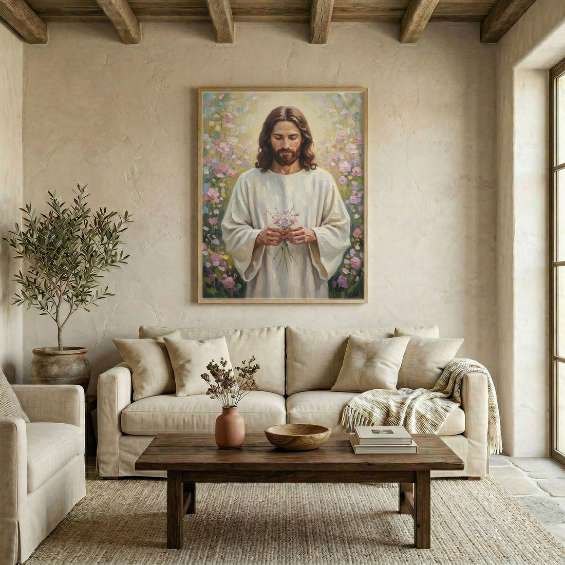 Canvas in natural wood floating frame with Jesus holding pink wildflowers in a sunlit garden