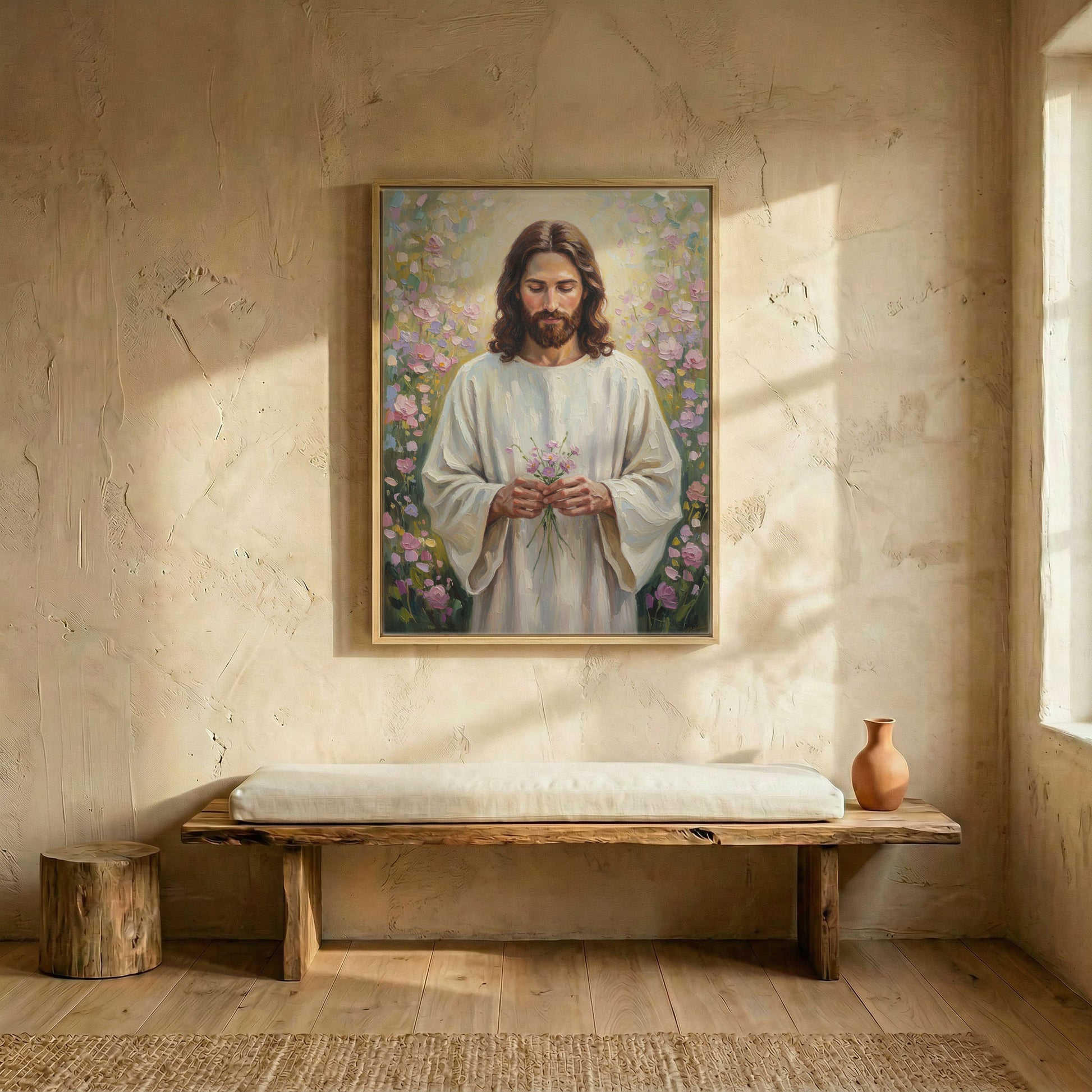 Jesus holding flowers oil painting canvas in wood frame above rustic bench in sunlit entryway