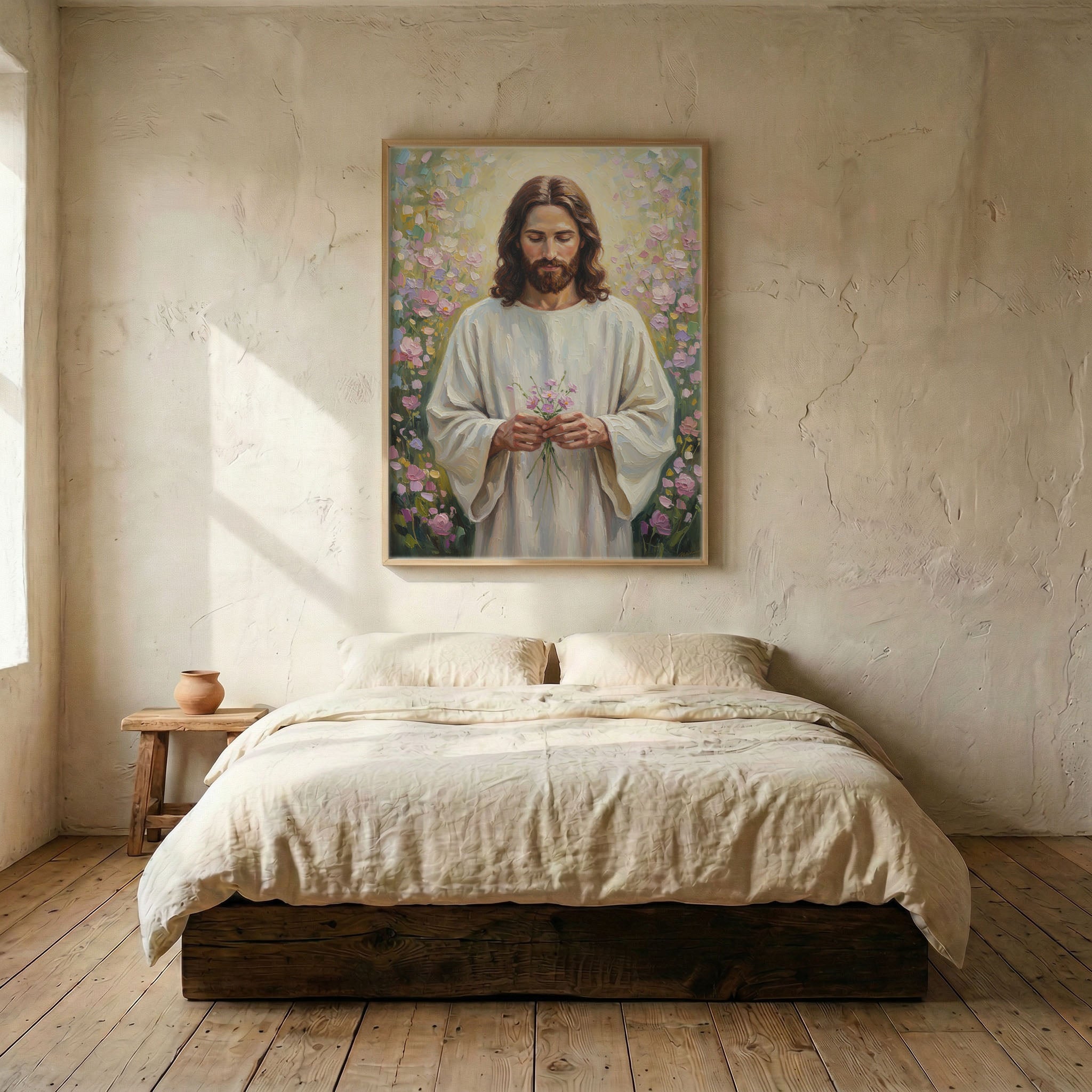 Jesus garden religious canvas in wood frame mounted above linen platform bed in serene bedroom