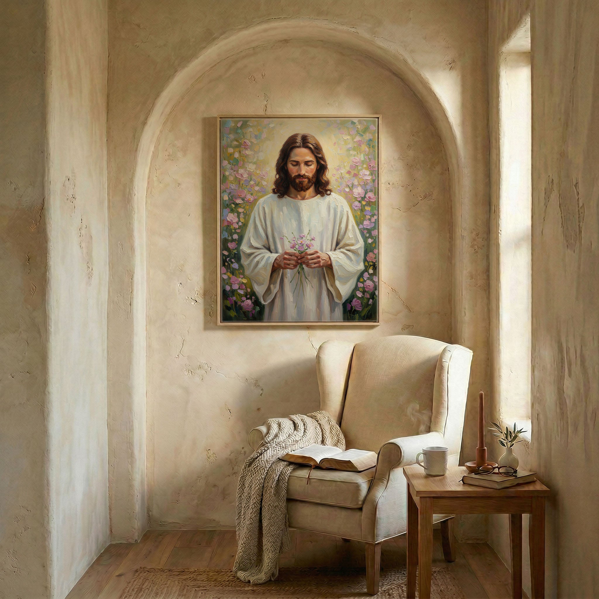 Jesus portrait art in wood frame in arched alcove above wingback chair with open Bible and candle