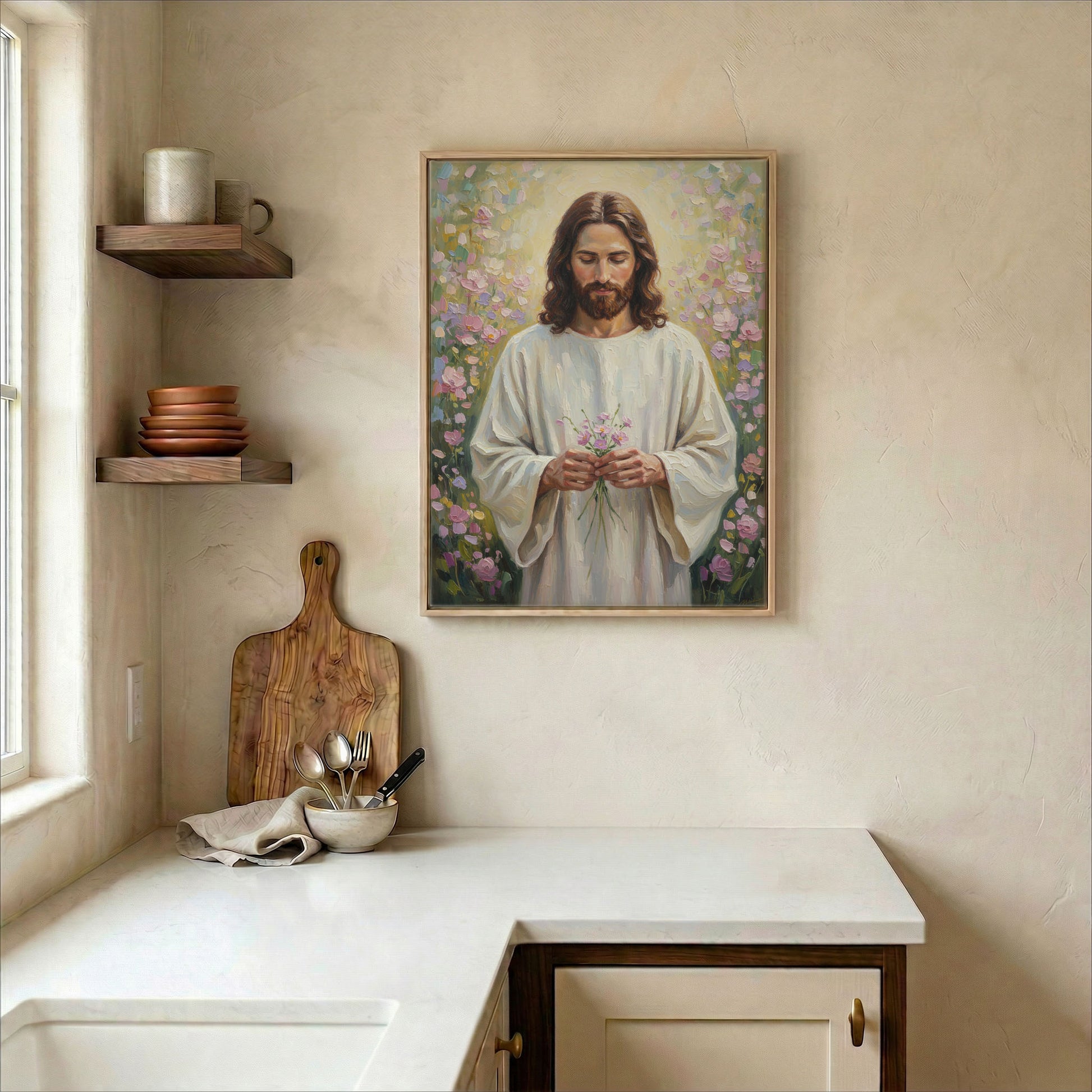 Jesus wildflower canvas in wood frame on kitchen wall in warm neutral farmhouse interior