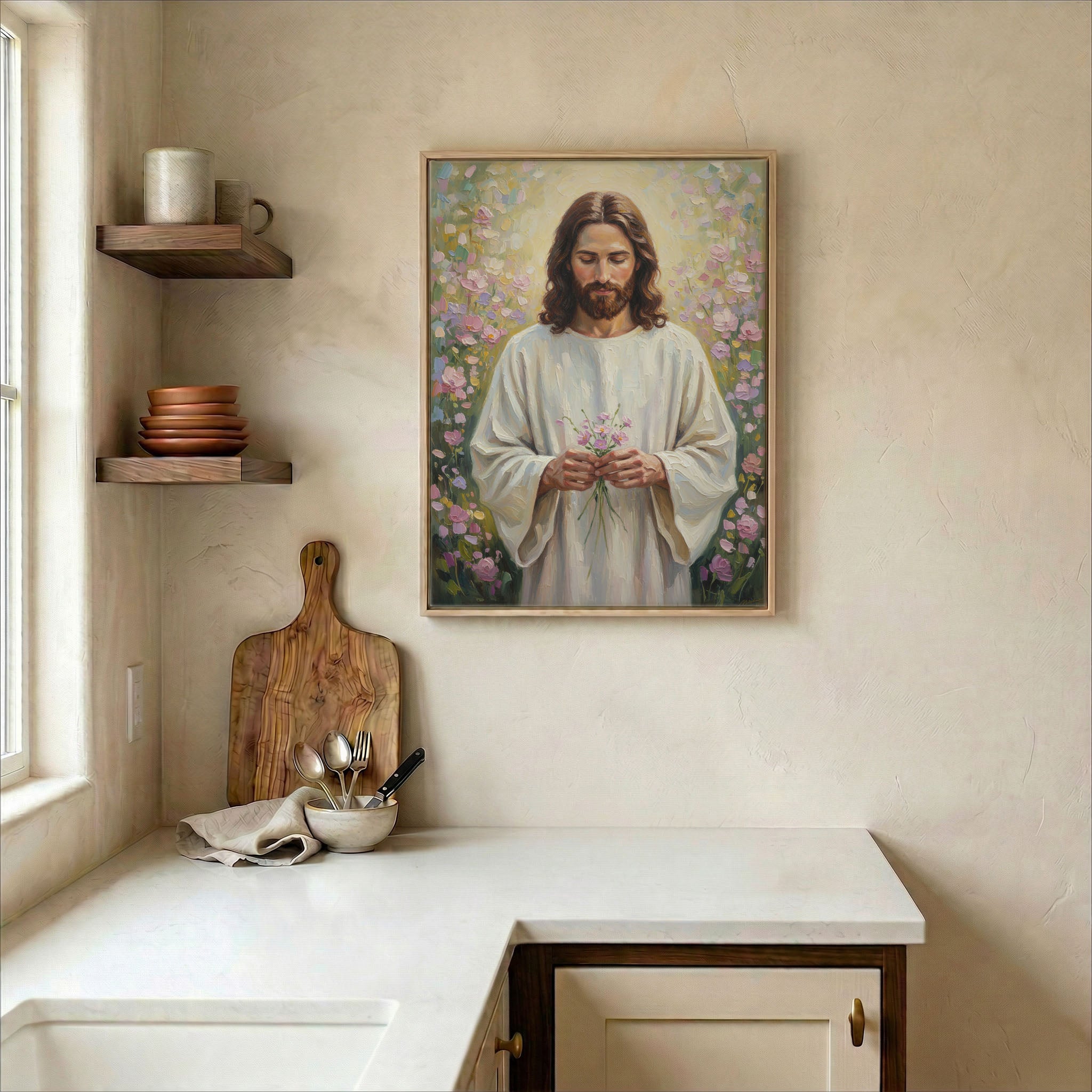 Jesus wildflower canvas in wood frame on kitchen wall in warm neutral farmhouse interior