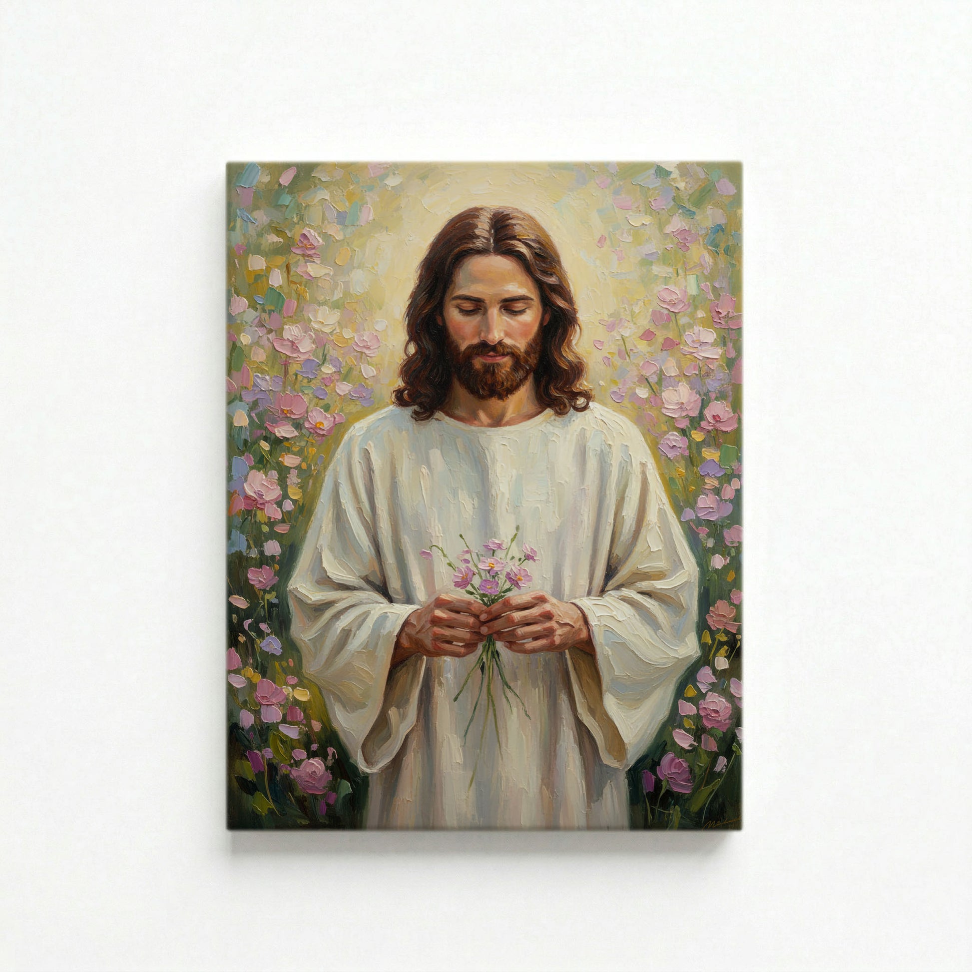 Vertical canvas of Jesus holding pink flowers in a sunlit garden on a white background