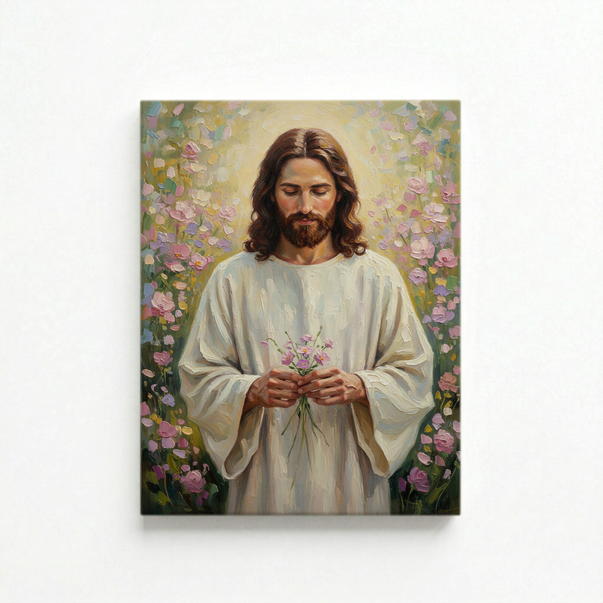 Vertical canvas of Jesus holding pink flowers in a sunlit garden on a white background