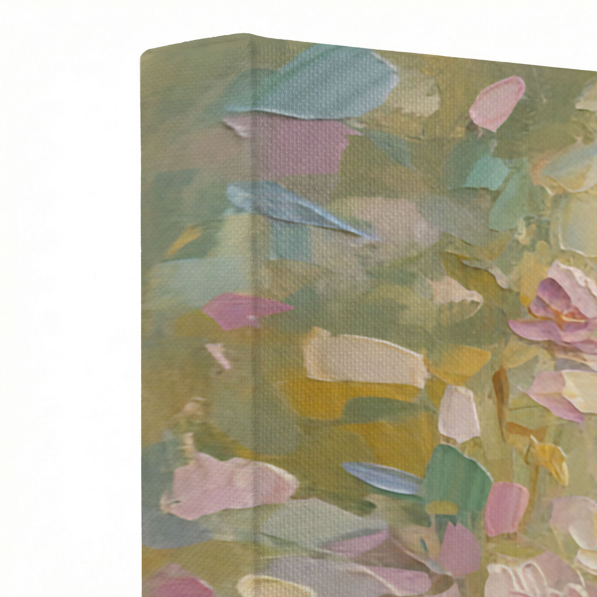 Close-up of Jesus floral canvas print showing thick oil painting texture and pink wildflowers
