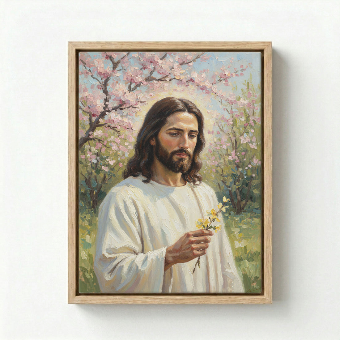 Canvas in natural wood floating frame with Jesus holding a yellow flower in a blossom orchard