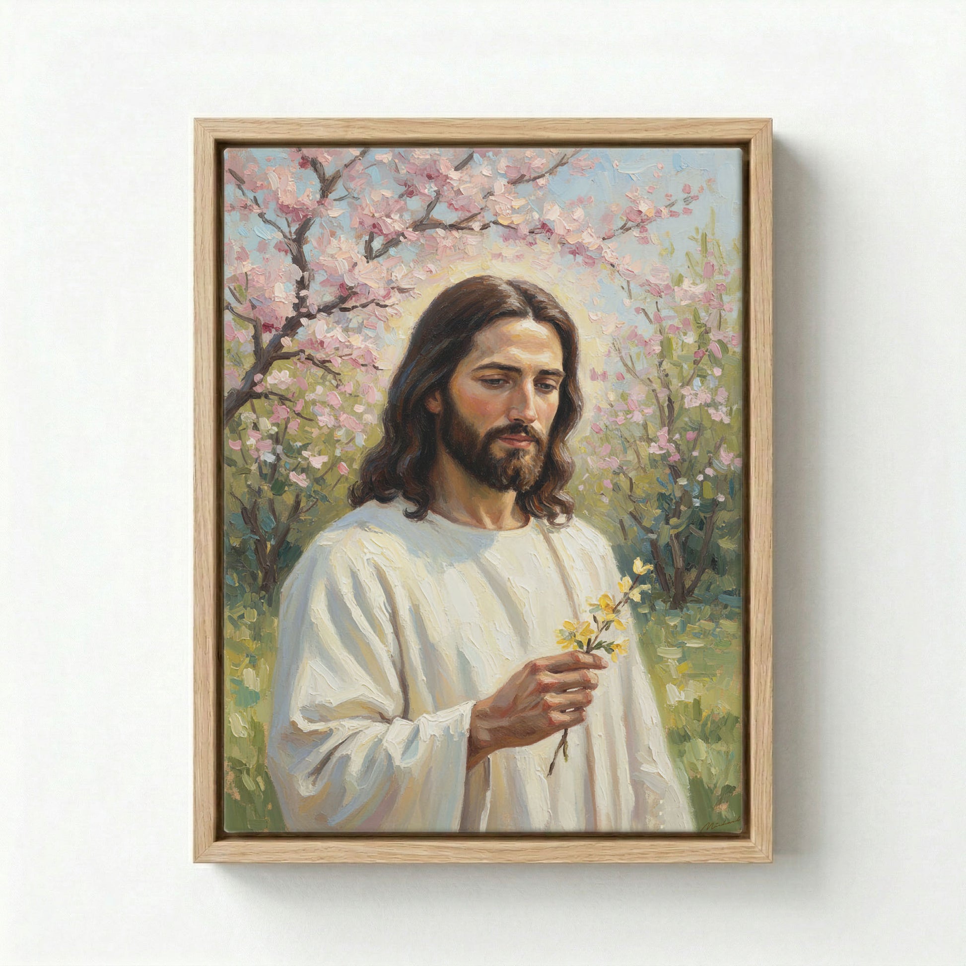 Canvas in natural wood floating frame with Jesus holding a yellow flower in a blossom orchard