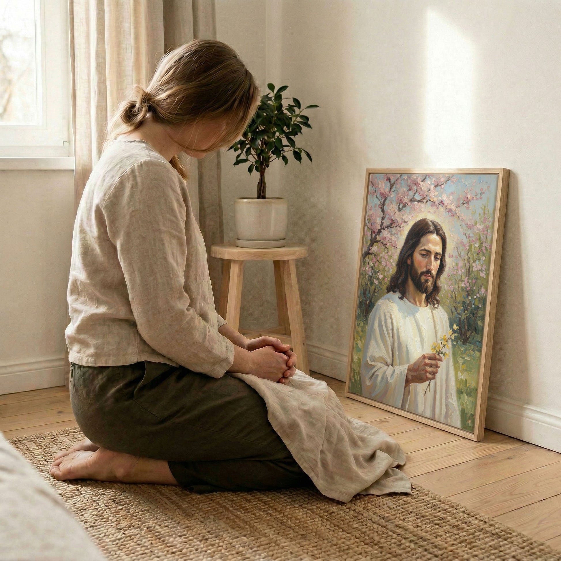 Woman kneeling in prayer beside Jesus holding wildflower art in wood frame with soft light