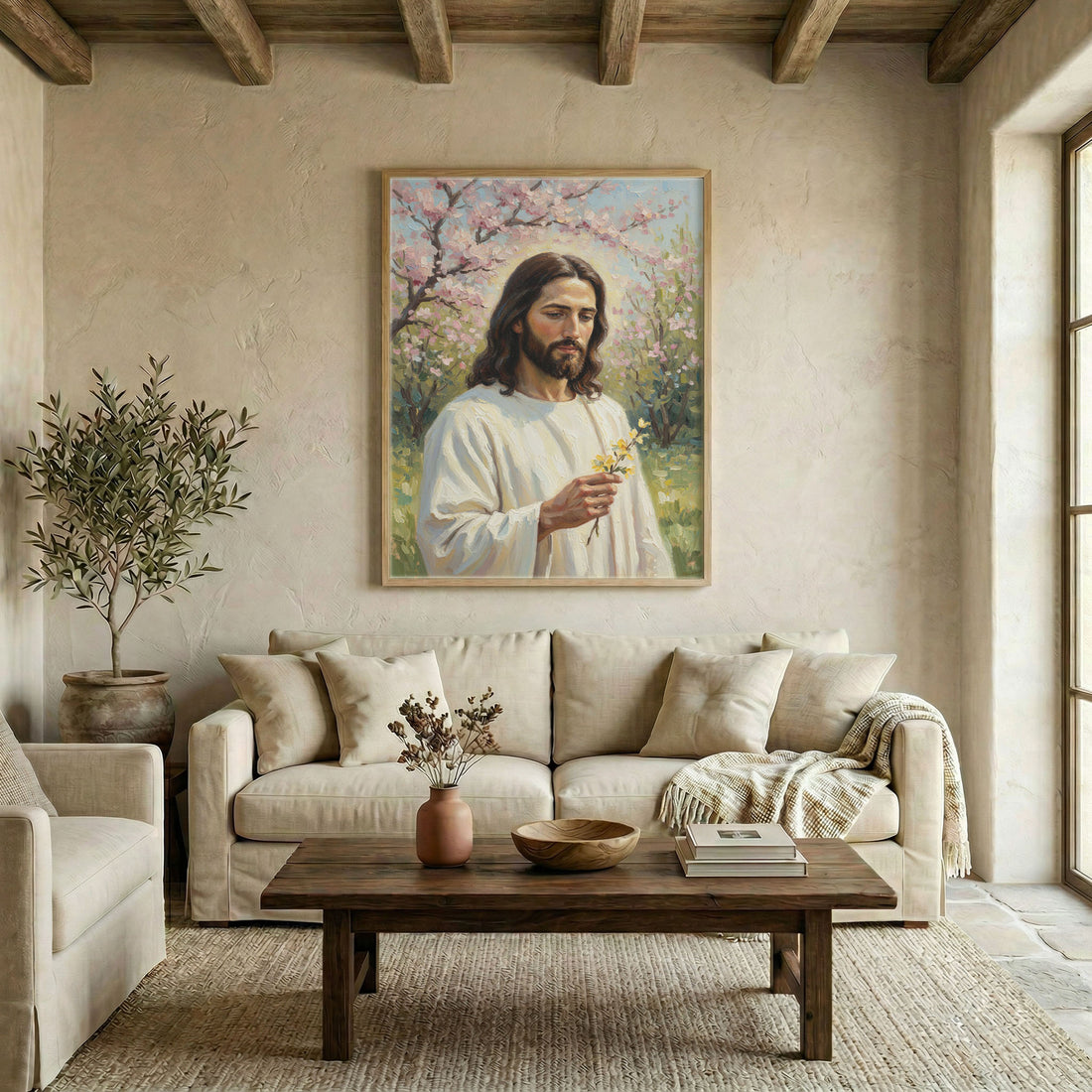 Canvas in natural wood floating frame with Jesus holding a yellow flower in a blossom orchard