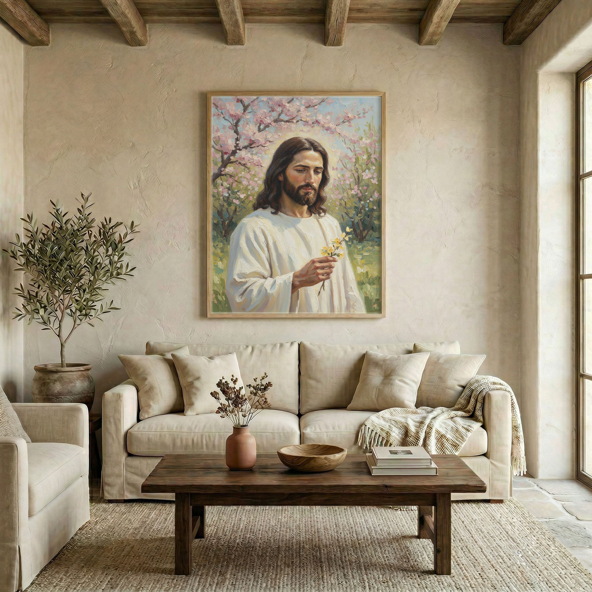 Large Jesus in cherry blossom orchard canvas in wood frame above linen sofa in warm living room