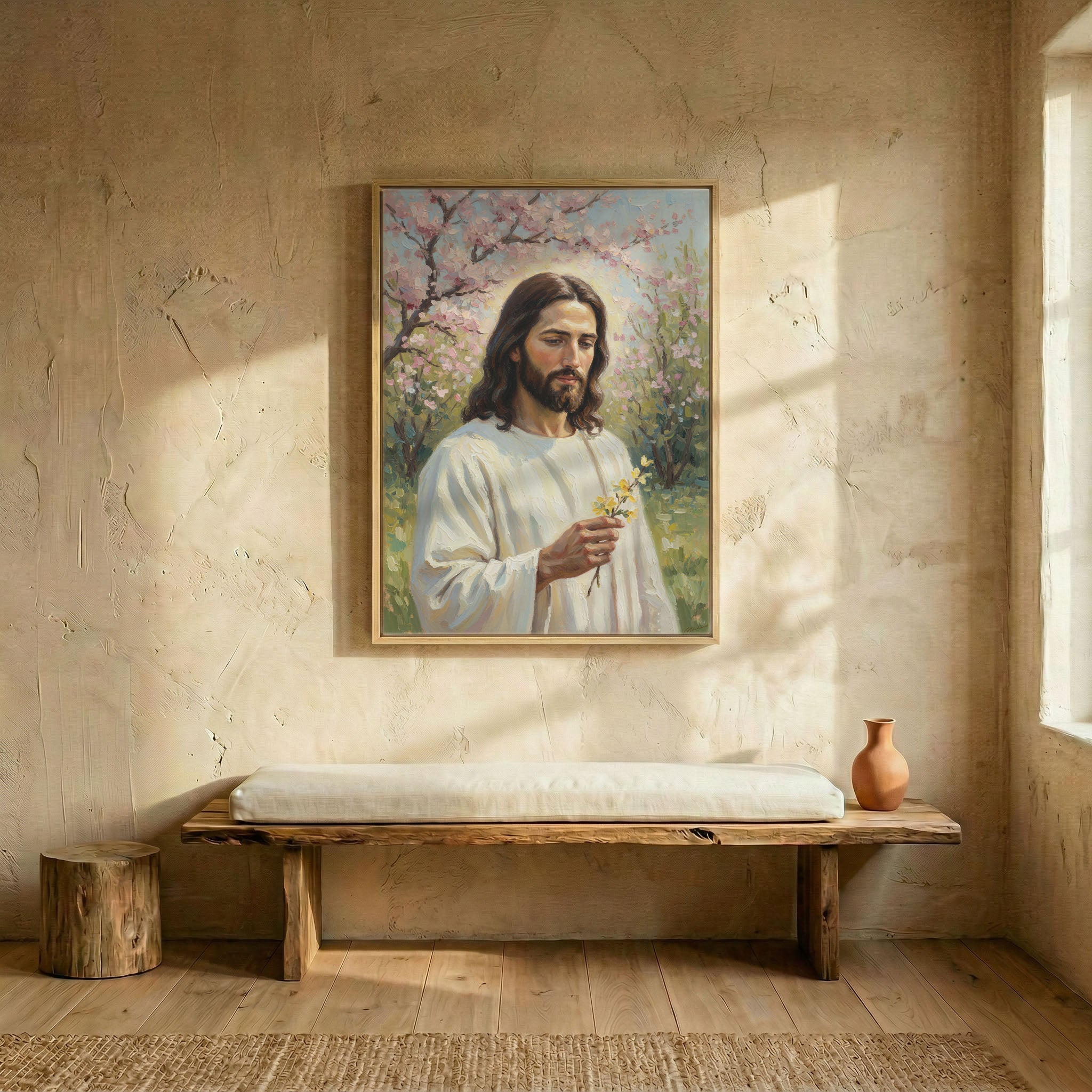 Jesus holding flower oil painting canvas in wood frame above rustic bench in sunlit entryway
