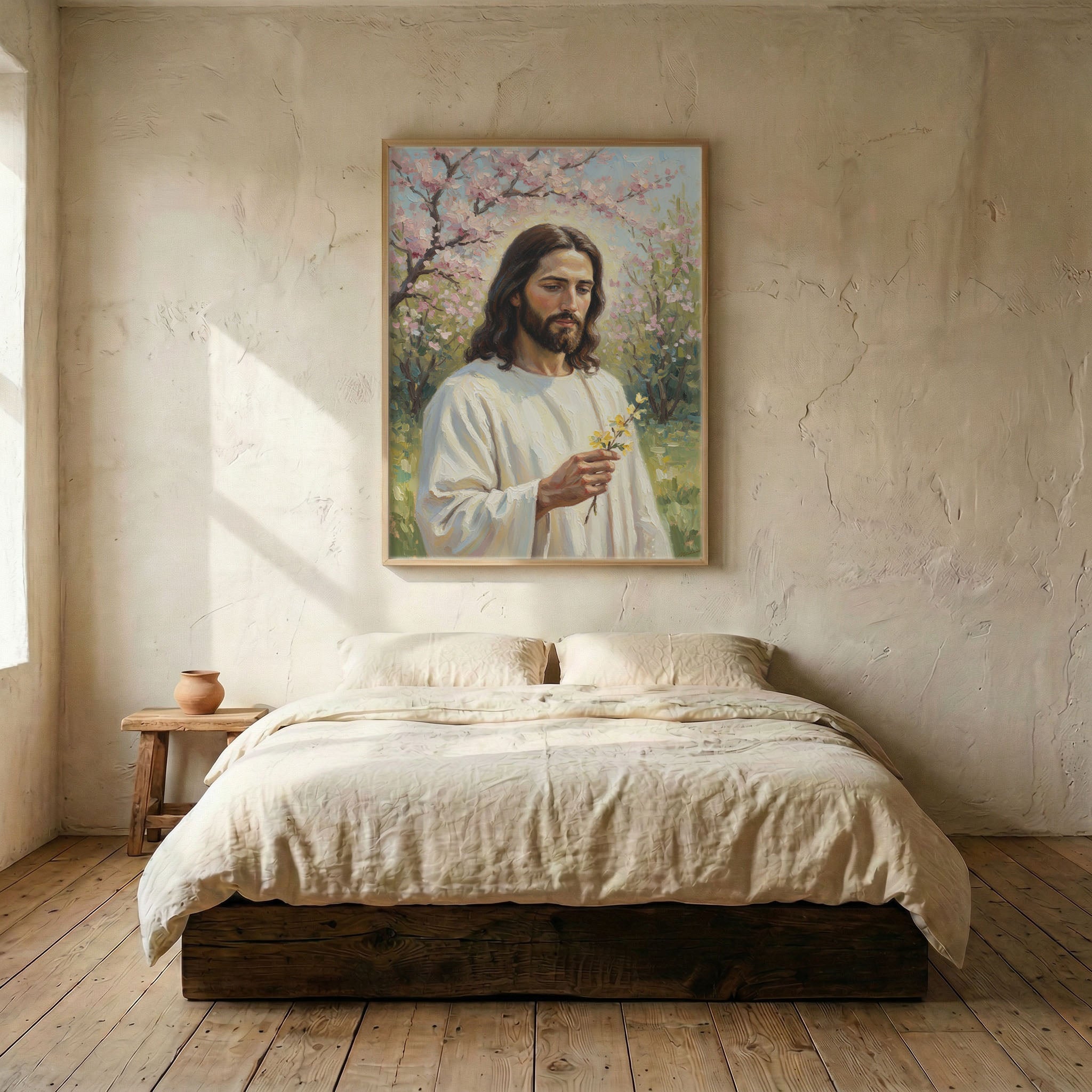 Jesus blossom orchard religious canvas in wood frame mounted above platform bed in serene bedroom