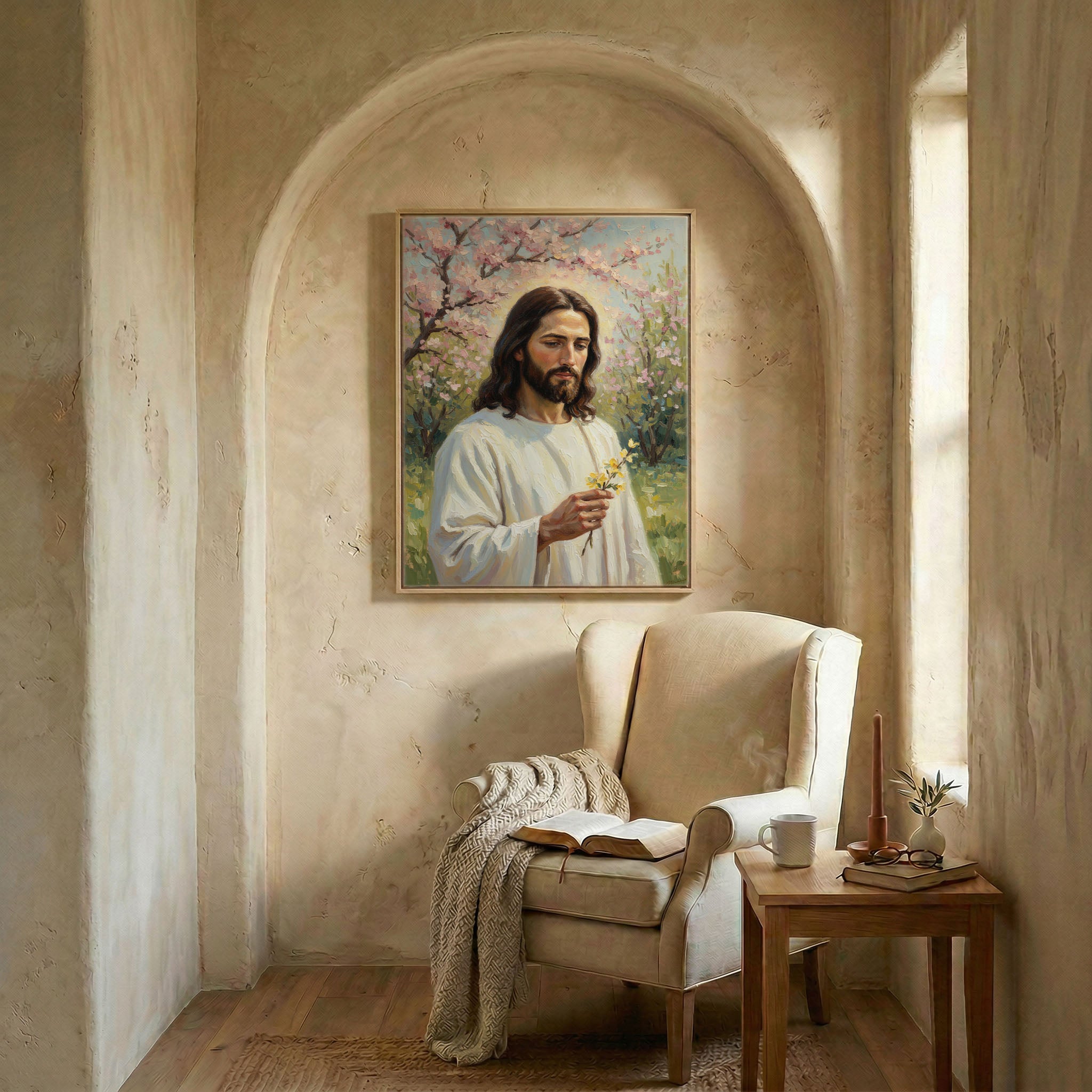 Jesus portrait art in wood frame in arched alcove above wingback chair with open Bible and candle