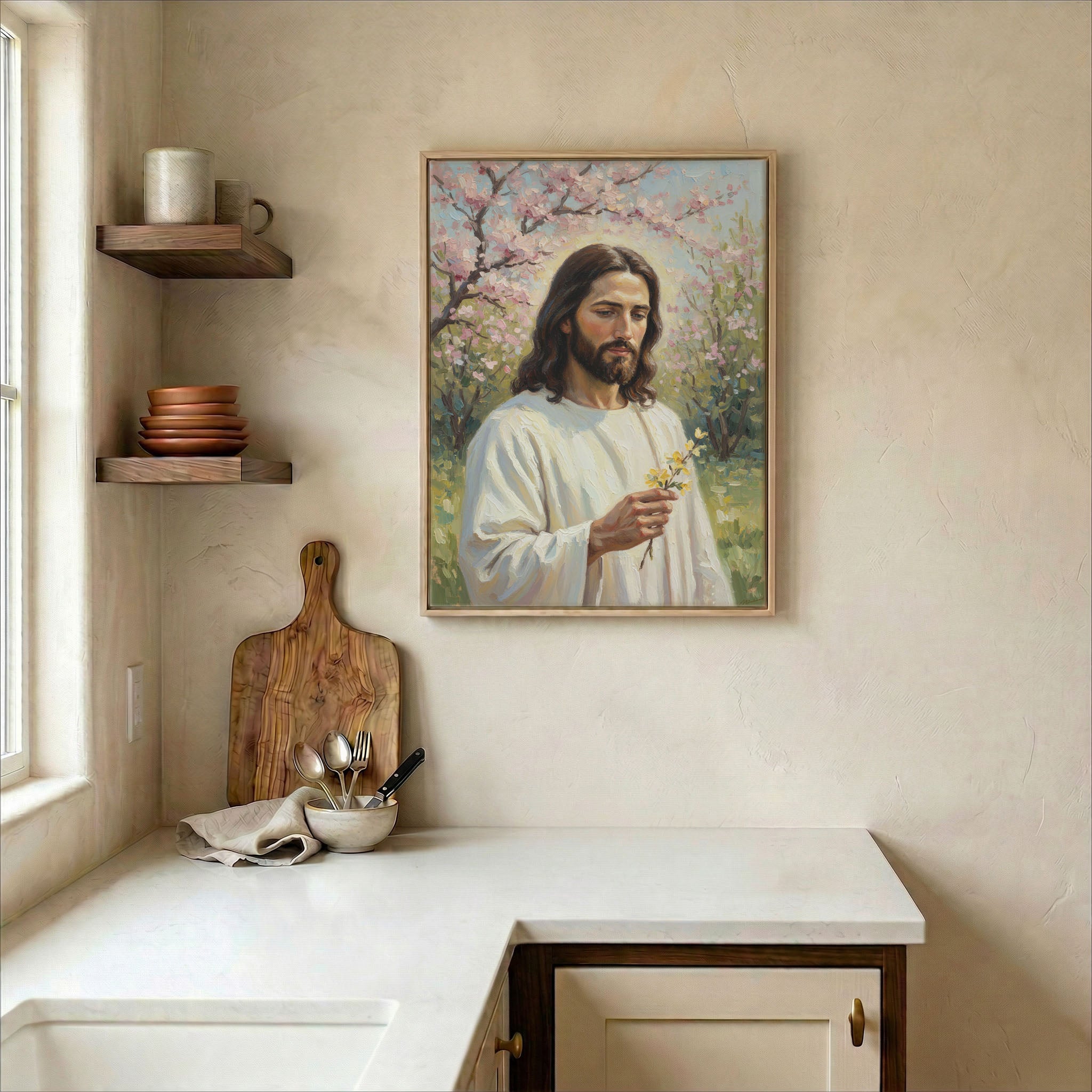 Jesus wildflower canvas in wood frame on kitchen wall in warm neutral farmhouse interior