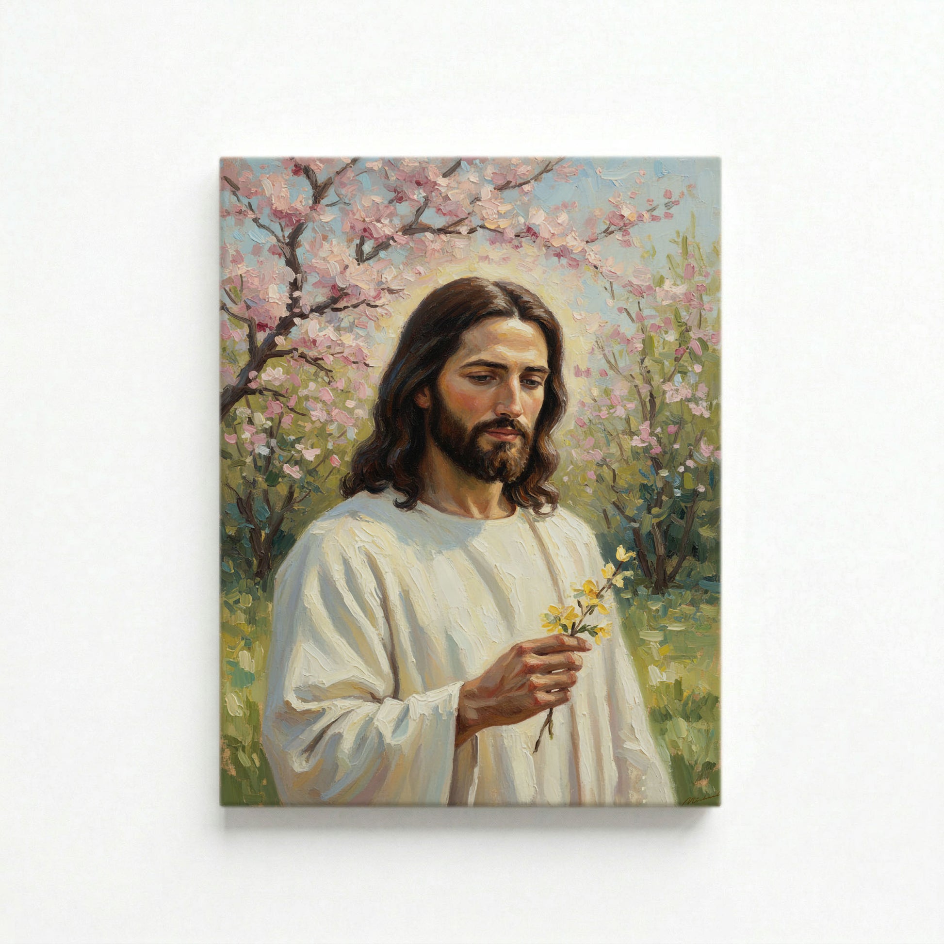 Vertical canvas of Jesus holding a yellow flower in a blossom orchard on a white background