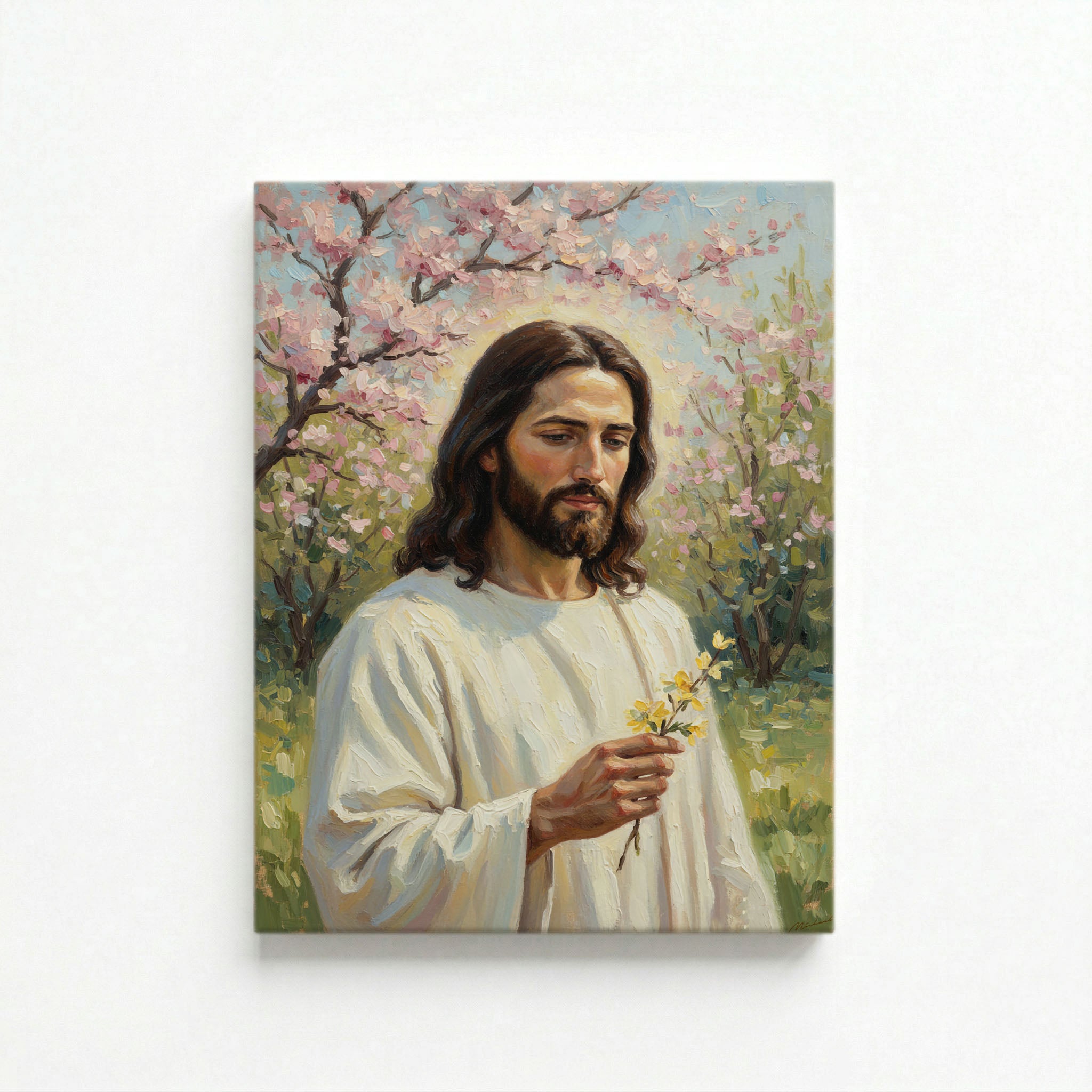 Vertical canvas of Jesus holding a yellow flower in a blossom orchard on a white background