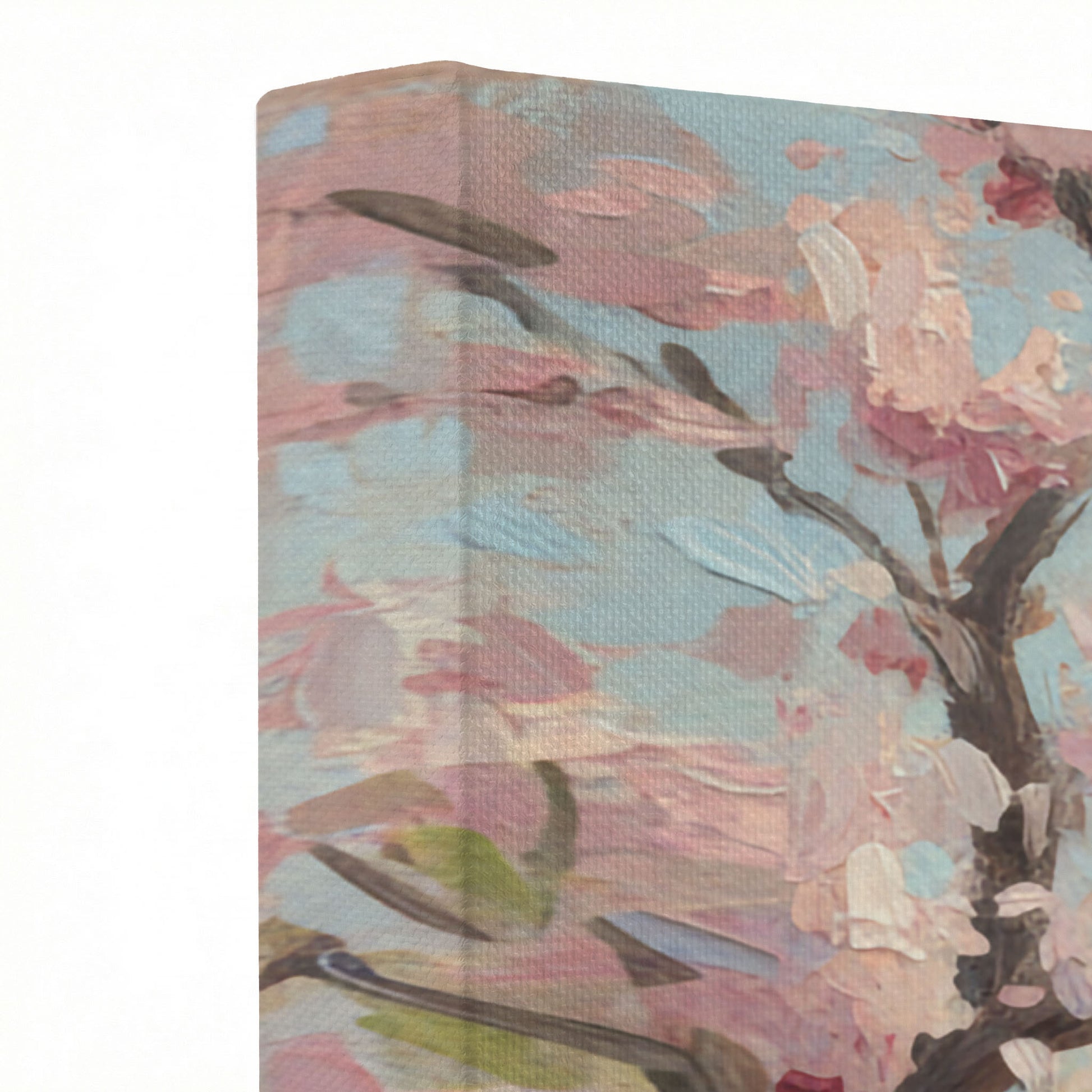 Close-up of Jesus flower canvas print showing thick oil painting texture and pink blossoms