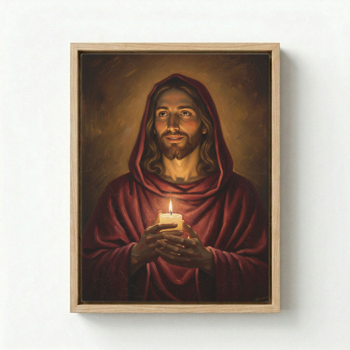 Canvas in natural wood floating frame with Jesus in a red robe holding a glowing candle