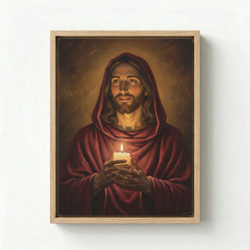 Canvas in natural wood floating frame with Jesus in a red robe holding a glowing candle