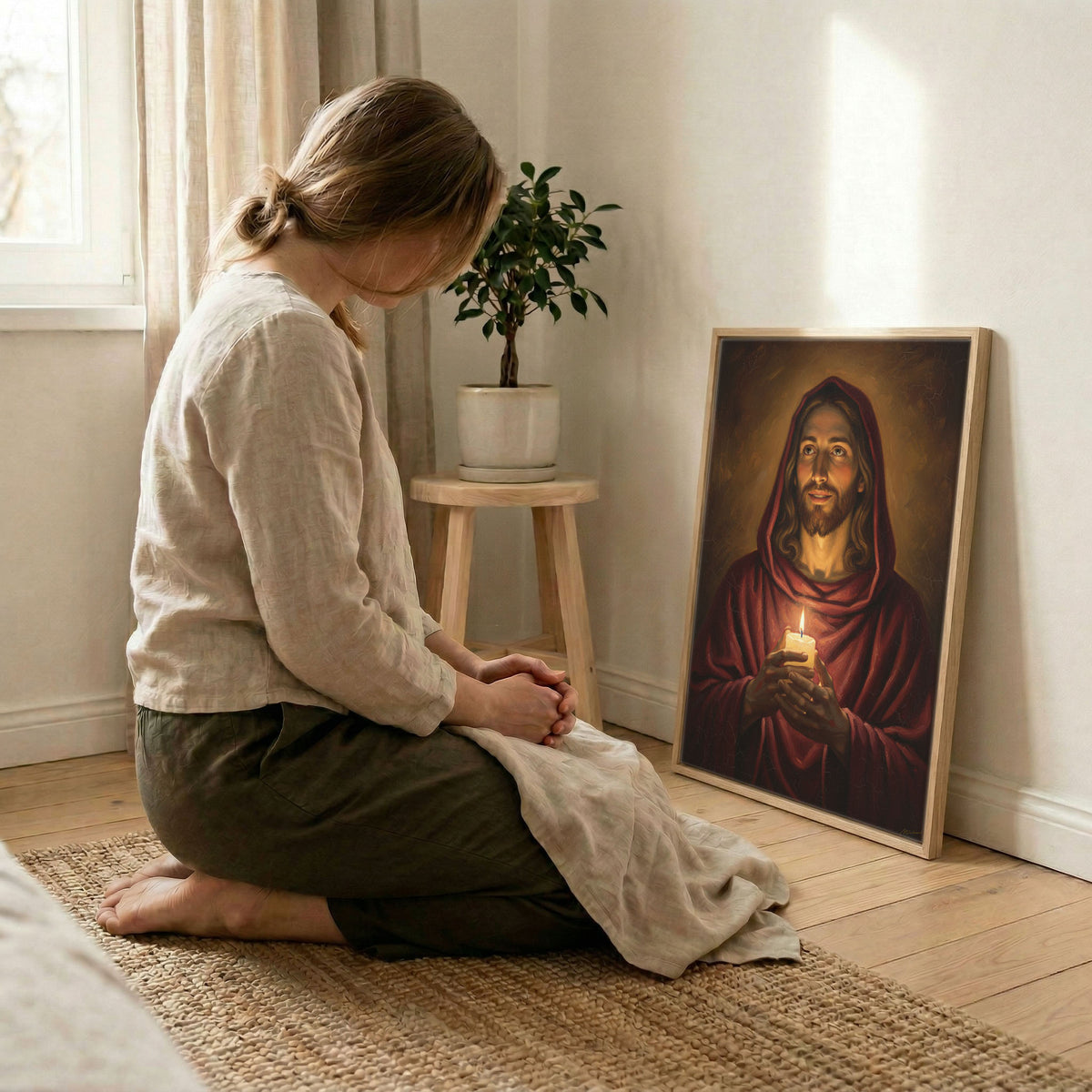 Woman kneeling in prayer beside Jesus Light of the World candle art in wood frame with soft light