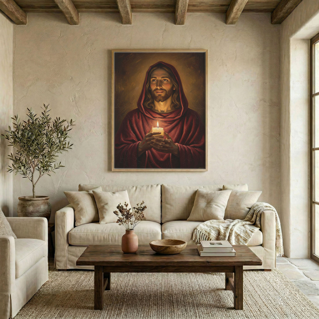 Canvas in natural wood floating frame with Jesus in a red robe holding a glowing candle