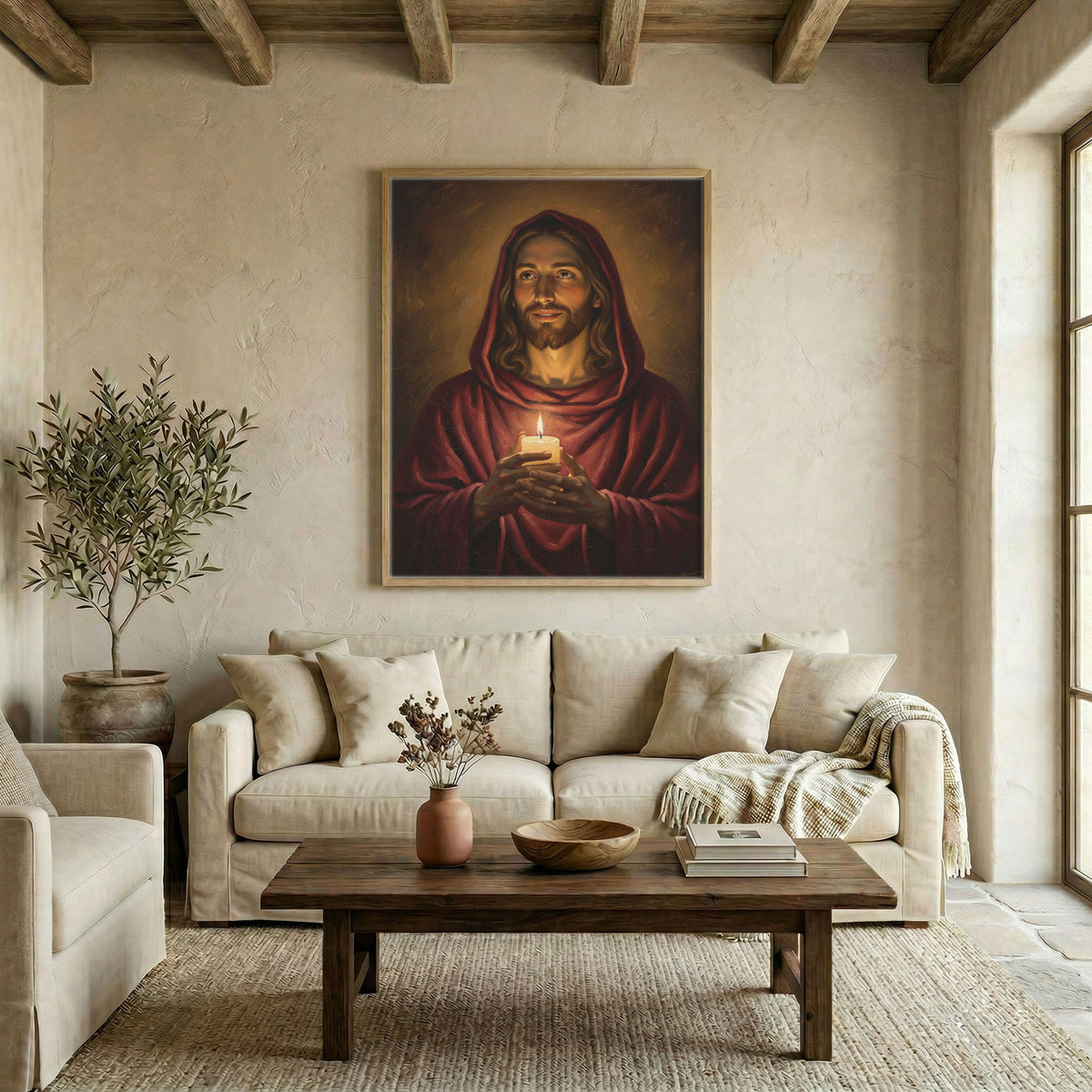 Large Jesus holding candle canvas in wood frame above linen sofa in warm living room